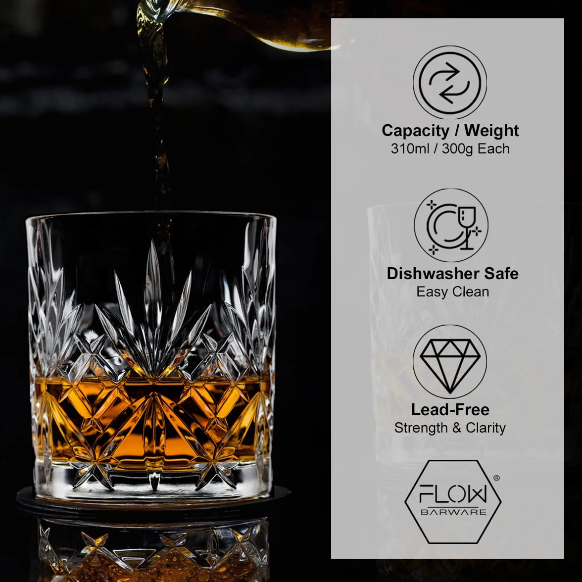 FLOW Barware Zestaw 2 szklanek do whisky, kryształowe kieliszki do whisky, prezent dla mężczyzn, idealny do Szkocji, Bourbon Gin & Tonic, Negroni, Rum