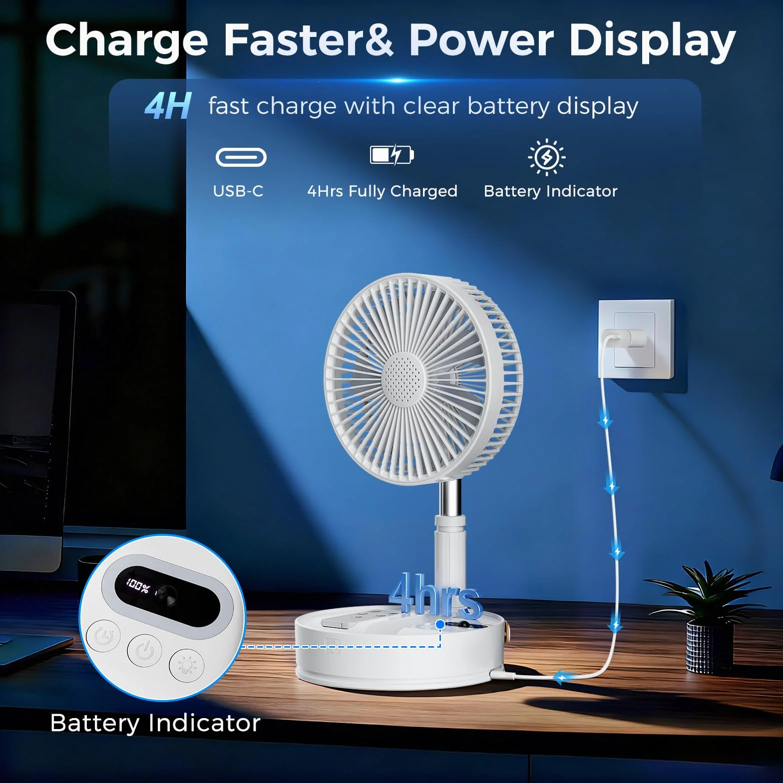 Marchpower przenośny wentylator cichy składany wentylator stojący 4 prędkości wentylator stołowy 7200 mAh akumulator Ø8''/20 cm