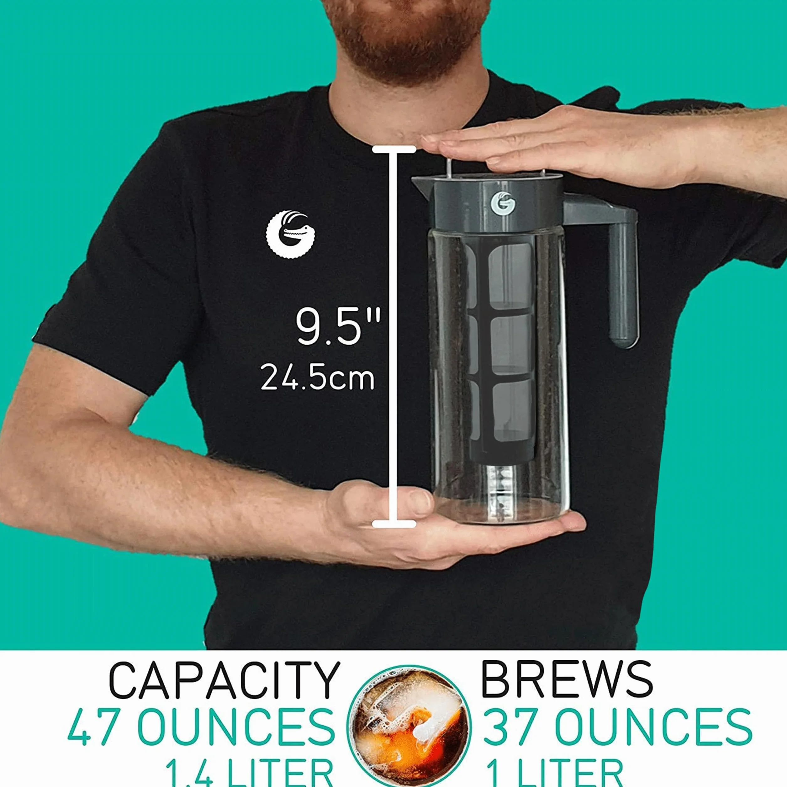 Coffee Gator Ekspres do kawy Cold Brew, filtr bez BPA i szklana karafka, zestaw do parzenia z miarką ze stali nierdzewnej i składanym lejkiem załadunkowym, czarny, 1,4 l