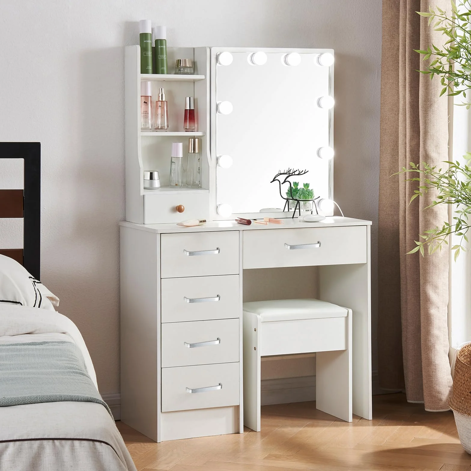 Toaletka z oświetleniem i lustrem, toaletka z taboretem, toaletka z 6 szufladami, 3 temperatury barwowe i regulowana jasność, biała, 36 x 80 x 131 cm, SD19070114