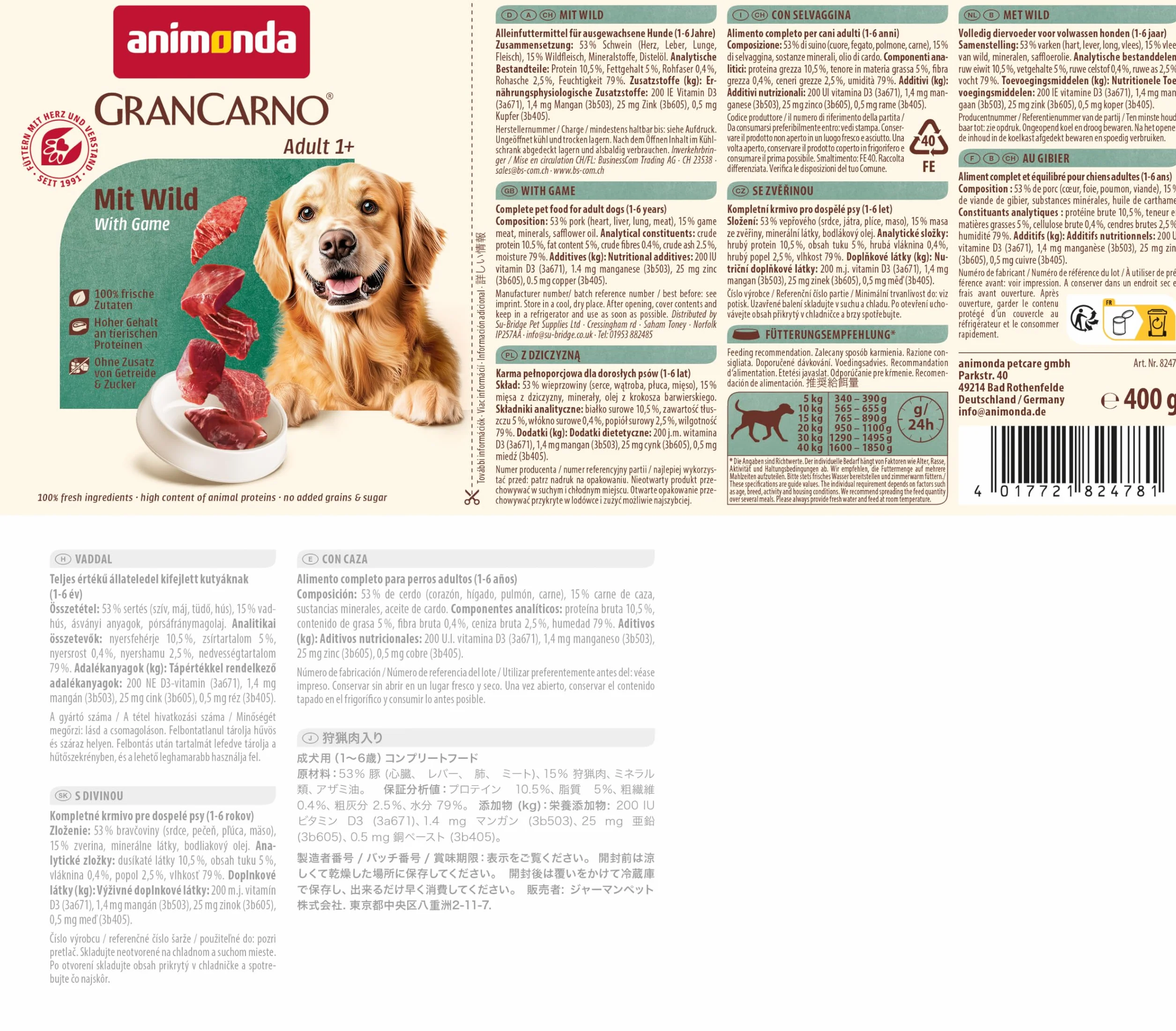 animonda Grancarno mokra karma dla psów z dziczyzną (6 x 400 g), bezzbożowa karma dla psów bez cukru, dla dorosłych psów, ze świeżymi mięsistymi składnikami