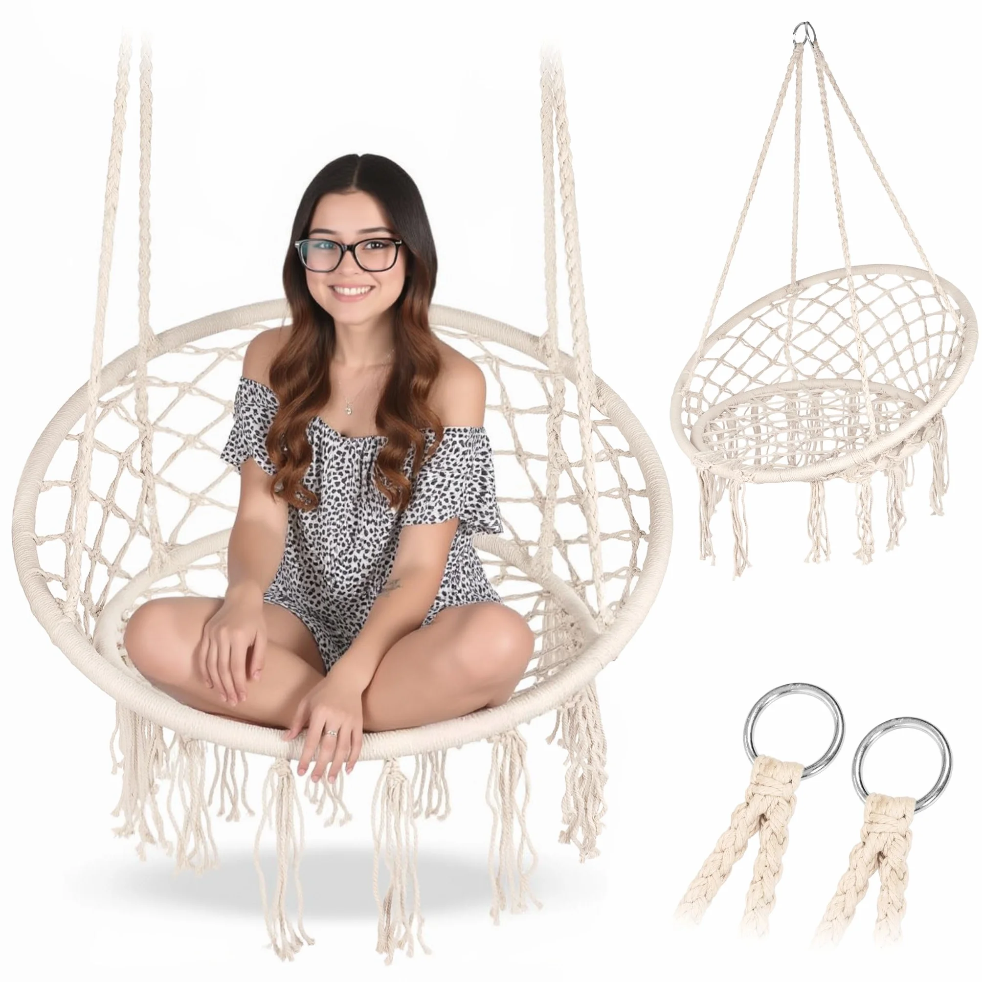 Fotel Wiszący Boho Ecru – Huśtawka Bocianie Gniazdo z Frędzlami | Fotel Hamakowy do Salonu, Ogrodu, Balkonu | Styl Boho | Max 150 kg | Do Wnętrz i Na Zewnątrz