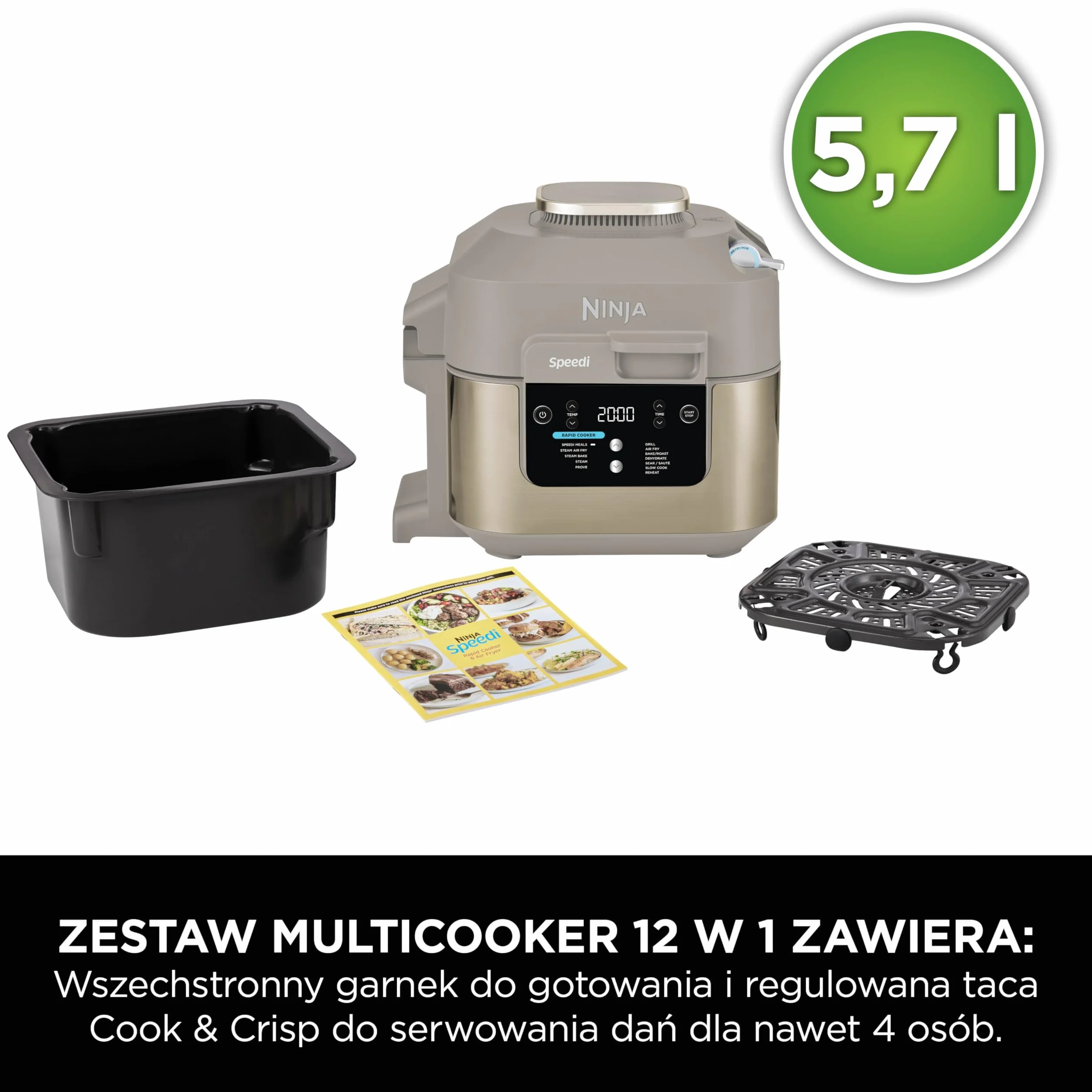 Ninja Speedi 10 w 1, frytkownica beztłuszczowa i multicooker, 5,7 l, parowar, grill, ciasta, pieczenie, smażenie, wolnowar, posiłki dla 4 osób w 15 minut, zzłoty odcień kamienia, ON500EUSTGD
