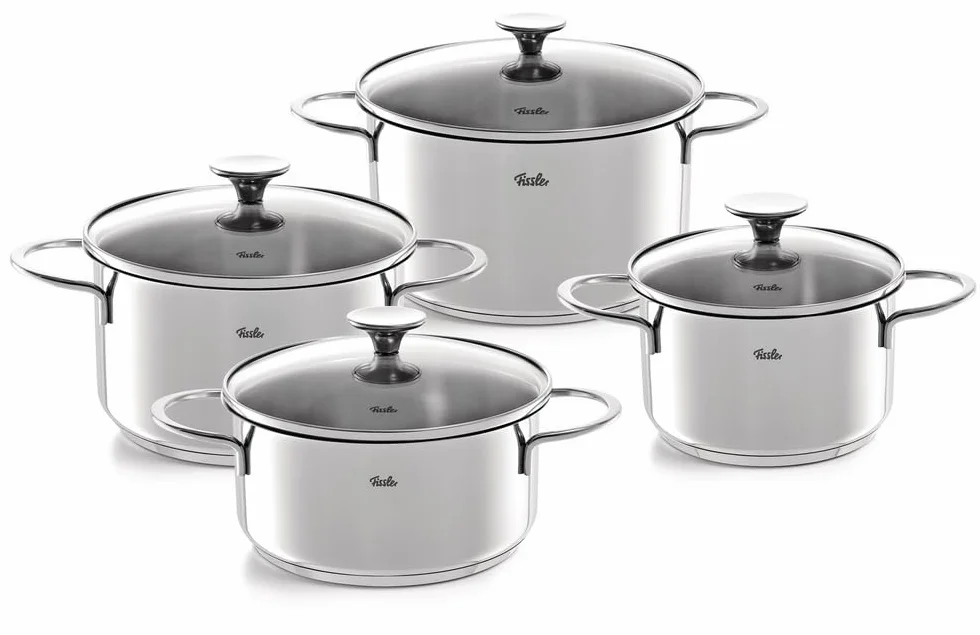 Fissler Copenhagen 4-częściowy zestaw garnków ze stali nierdzewnej, garnki ze szklaną pokrywką, 3 garnki, 1 garnek do smażenia – indukcyjny
