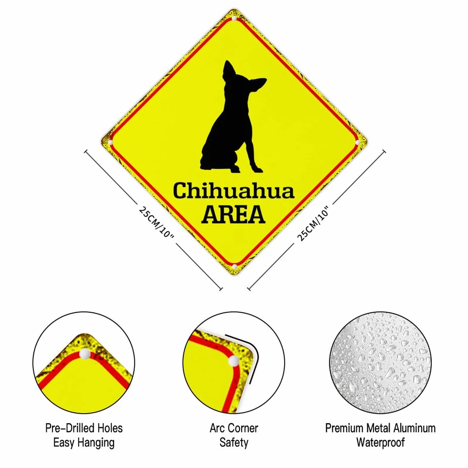 Uwaga Chihuahua Xing metalowy blaszany znak chihuahua pies obszar metalowy znak chihuahua przejście retro aluminiowe metalowe znaki żółty diament kształt znak na podwórko ulicę brama ogrodzenie 25 x 25 cm