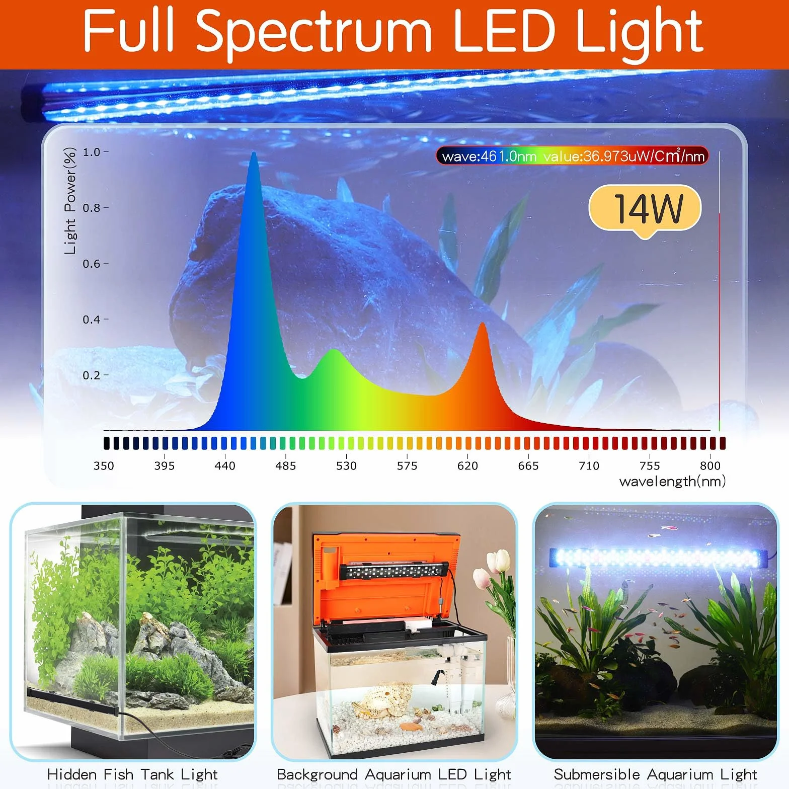 Hygger Zatapialne oświetlenie LED do akwarium 14 W pełne spektrum 24/7 9 kolorów 10 poziomów jasności 41-68 cm