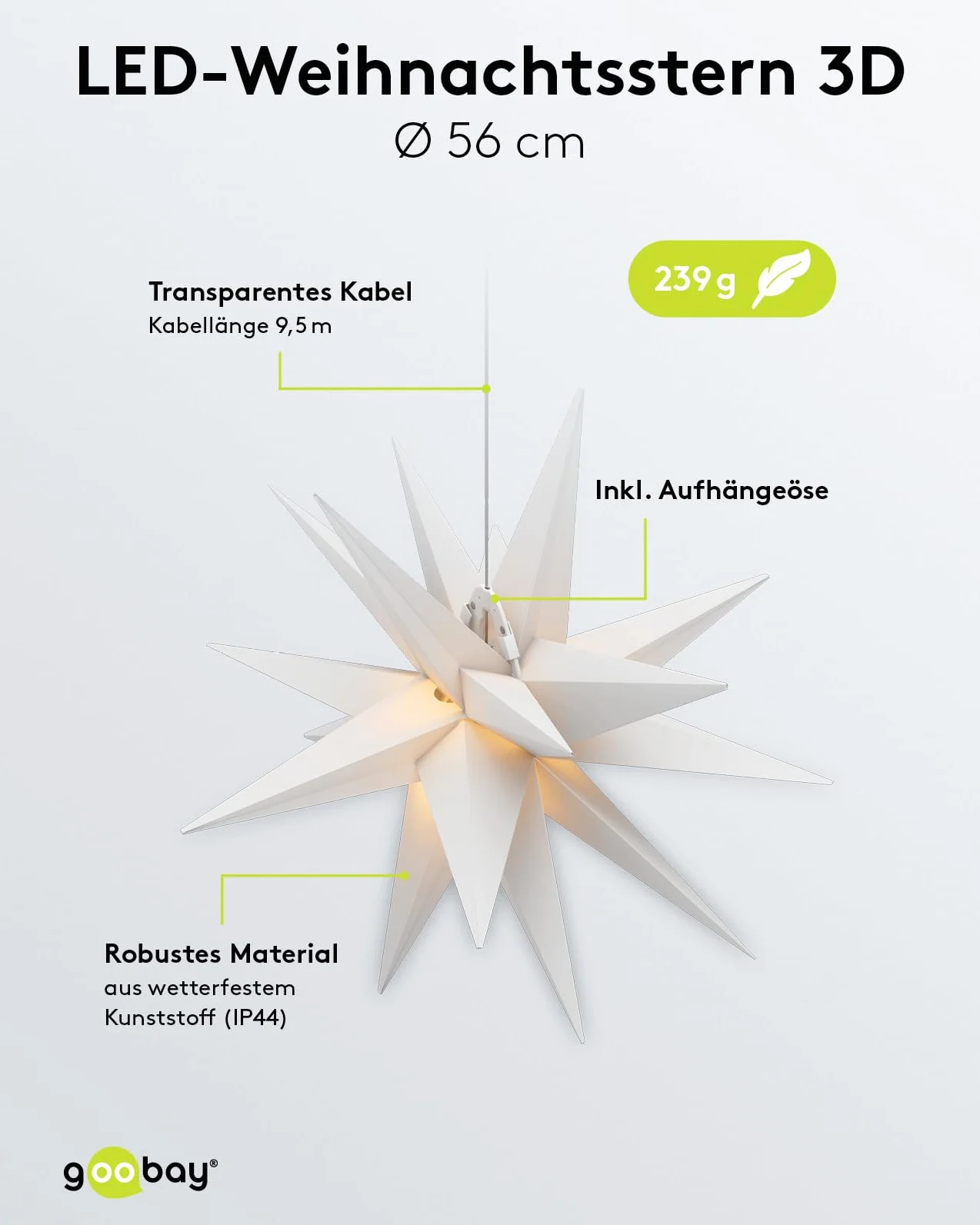 goobay 64789 Gwiazda bożonarodzeniowa LED 3D Ø 56 cm/gwiazda z 18 zębami i timerem/dekoracja bożonarodzeniowa/gwiazda LED zapewnia nastrojową atmosferę/transformator zewnętrzny 4,5 V/dekoracja
