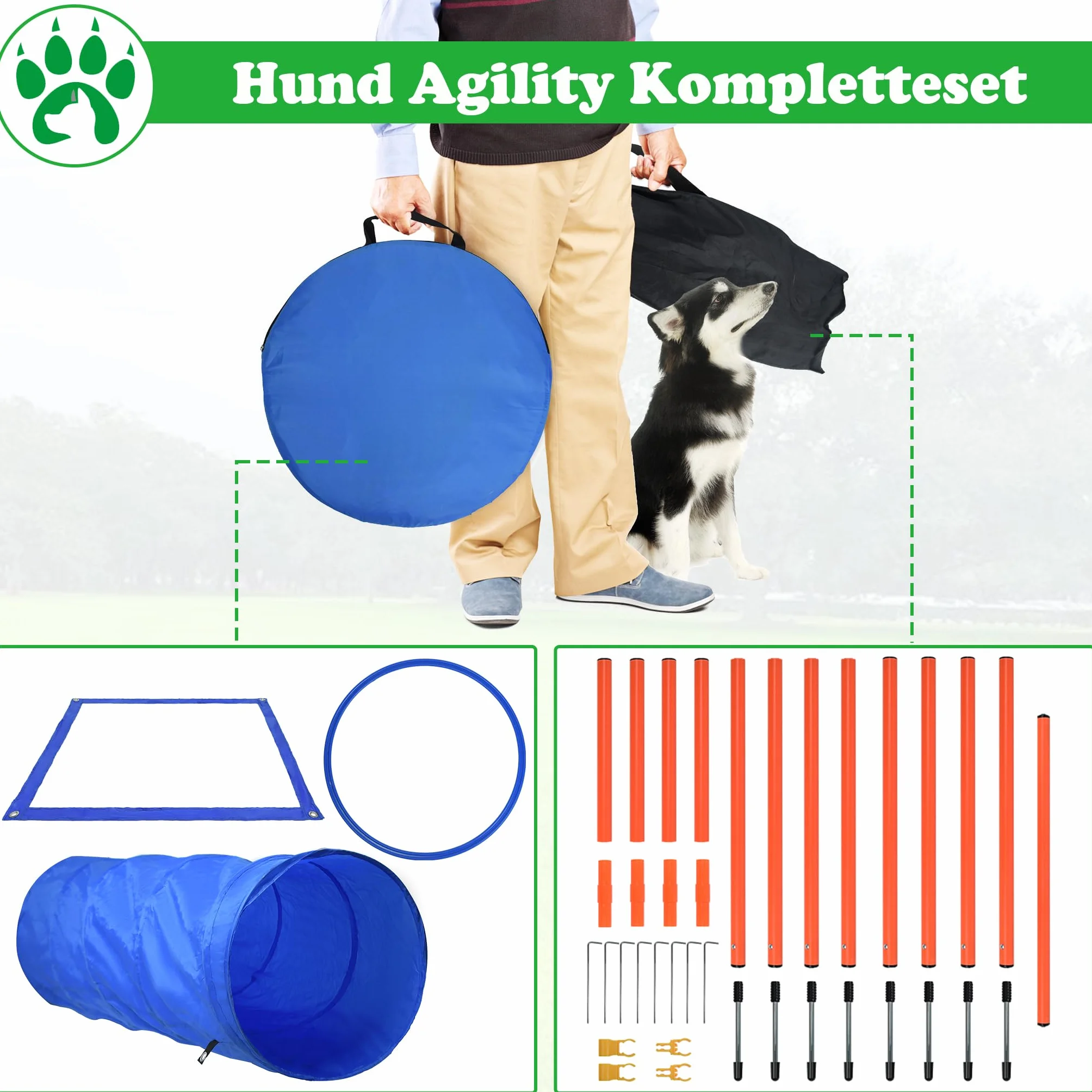 SUBTLETY Agility zestaw do treningu psów z tunelem, przeszkodami, drążkami slalomowymi
