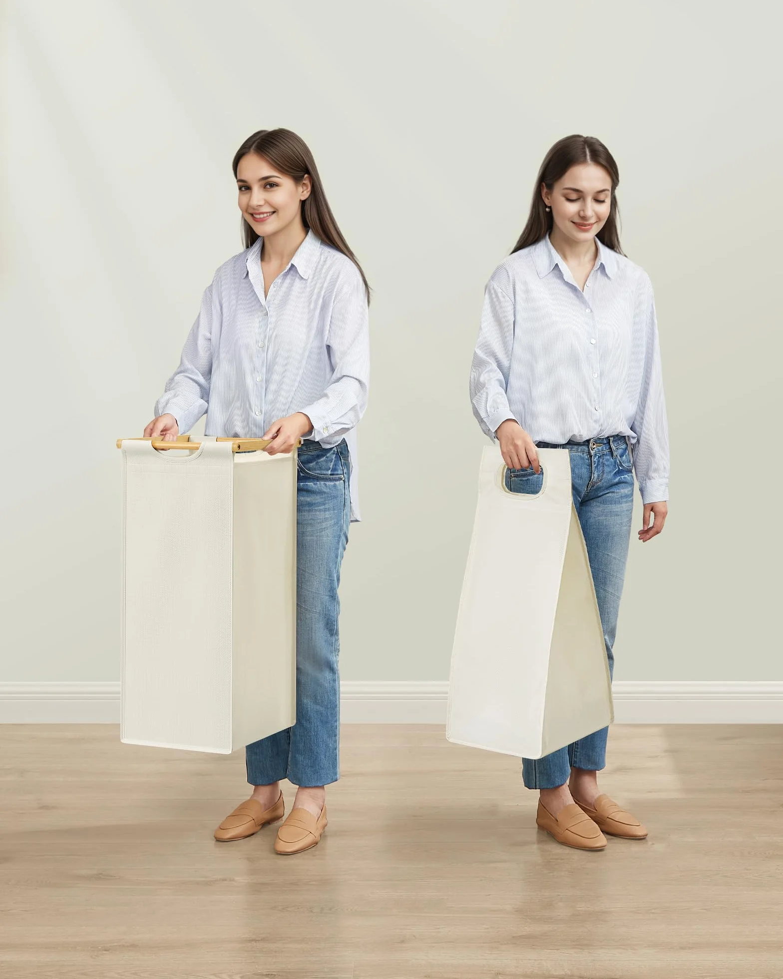 SONGMICS Kosz na pranie z 2 przegródkami, kosz na pranie, pojemność do 100 l, z półką, workiem na pranie, kieszeniami bocznymi, 2 x 50 l, 63 x 33 x 98 cm, kremowo-biały RLH200W01