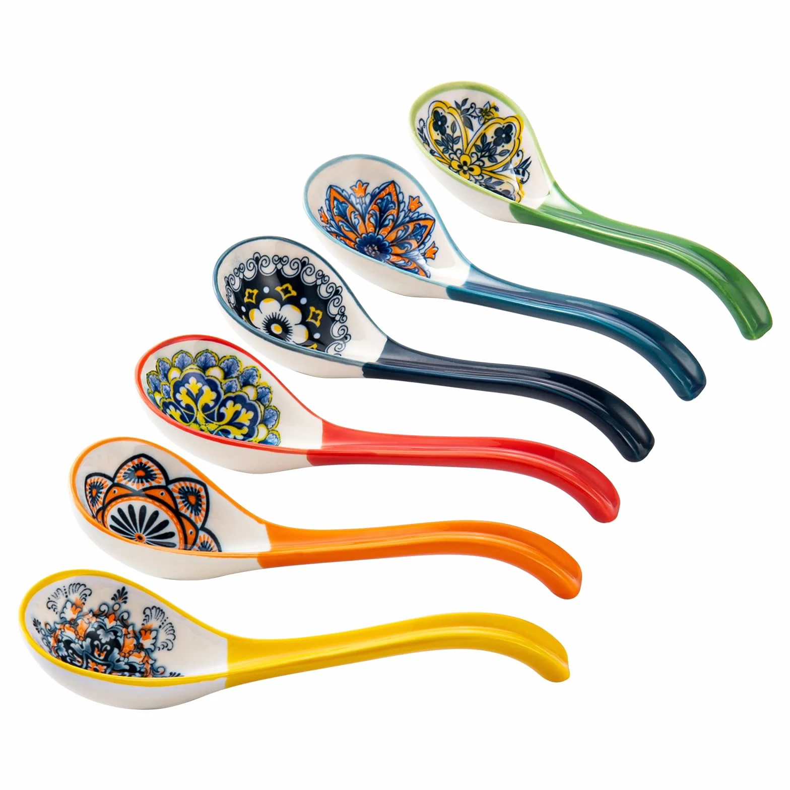 HENXFEN LEAD Porcelanowa łyżka do zupy, 15 cm, do ramenu, do zupy, pierogów, ryżu i makaronu Pho Wonton, kolorowa, 6 sztuk, styl boho