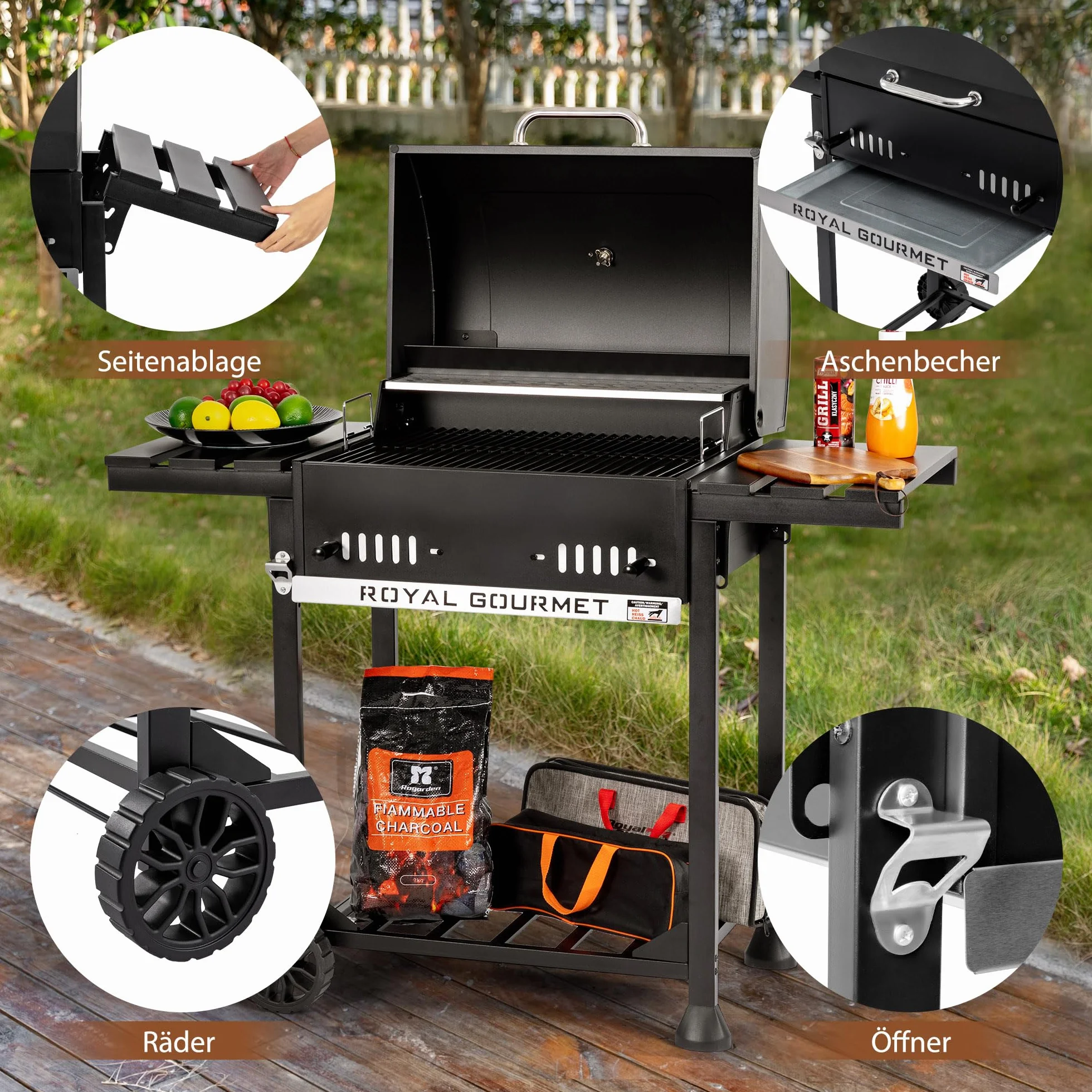 Royal Gourmet Grill na węgiel drzewny, grill na kółkach ze składanymi półkami bocznymi, grill stojący z Decekl, termometr, grill węglowy, czarny
