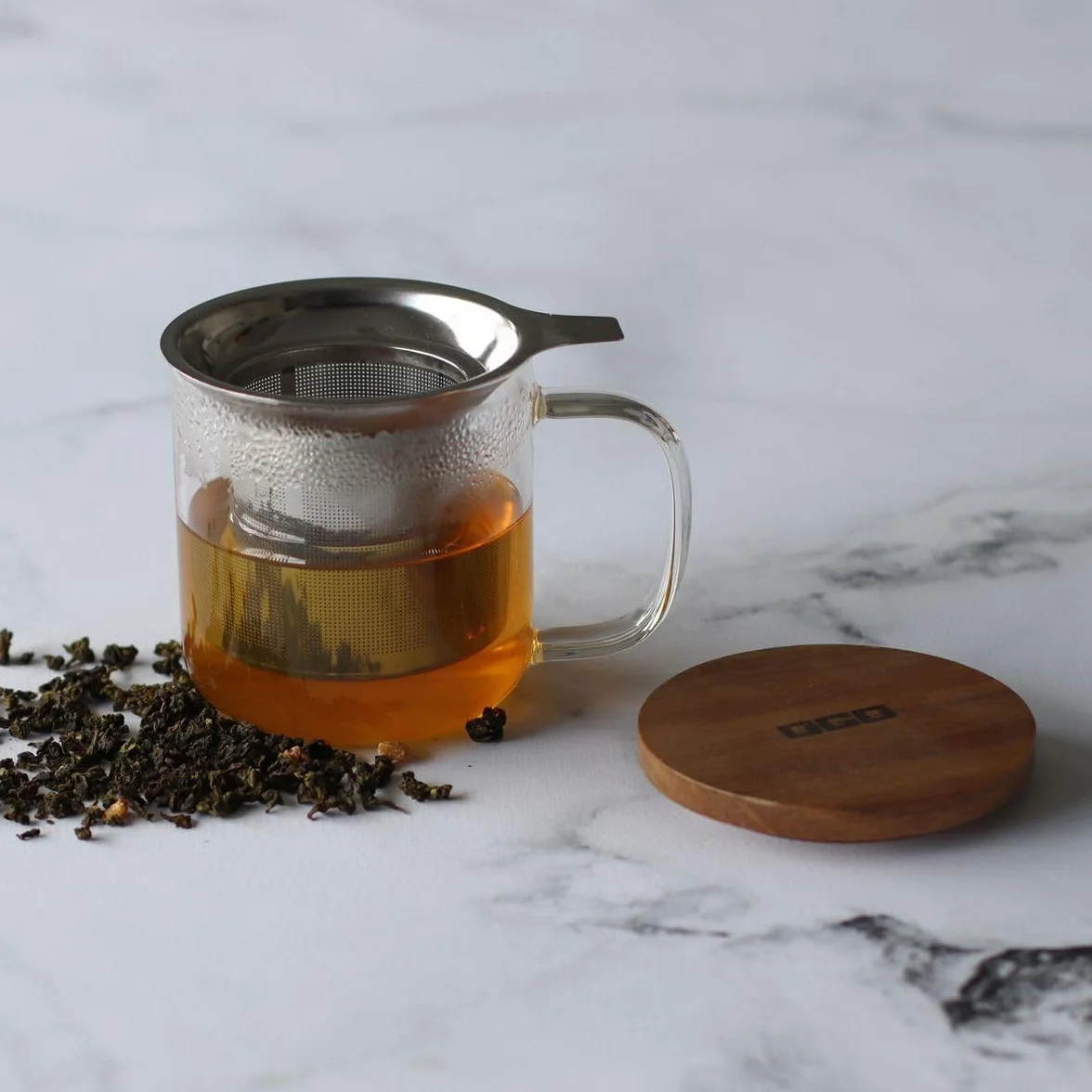 OGO LIVING - Szklany Kubek Do Herbaty Ziołowej 300ml - 7912103 - Idealny Do Naparów i Rooibos - Z Pokrywką z Drewna Akacjowego
