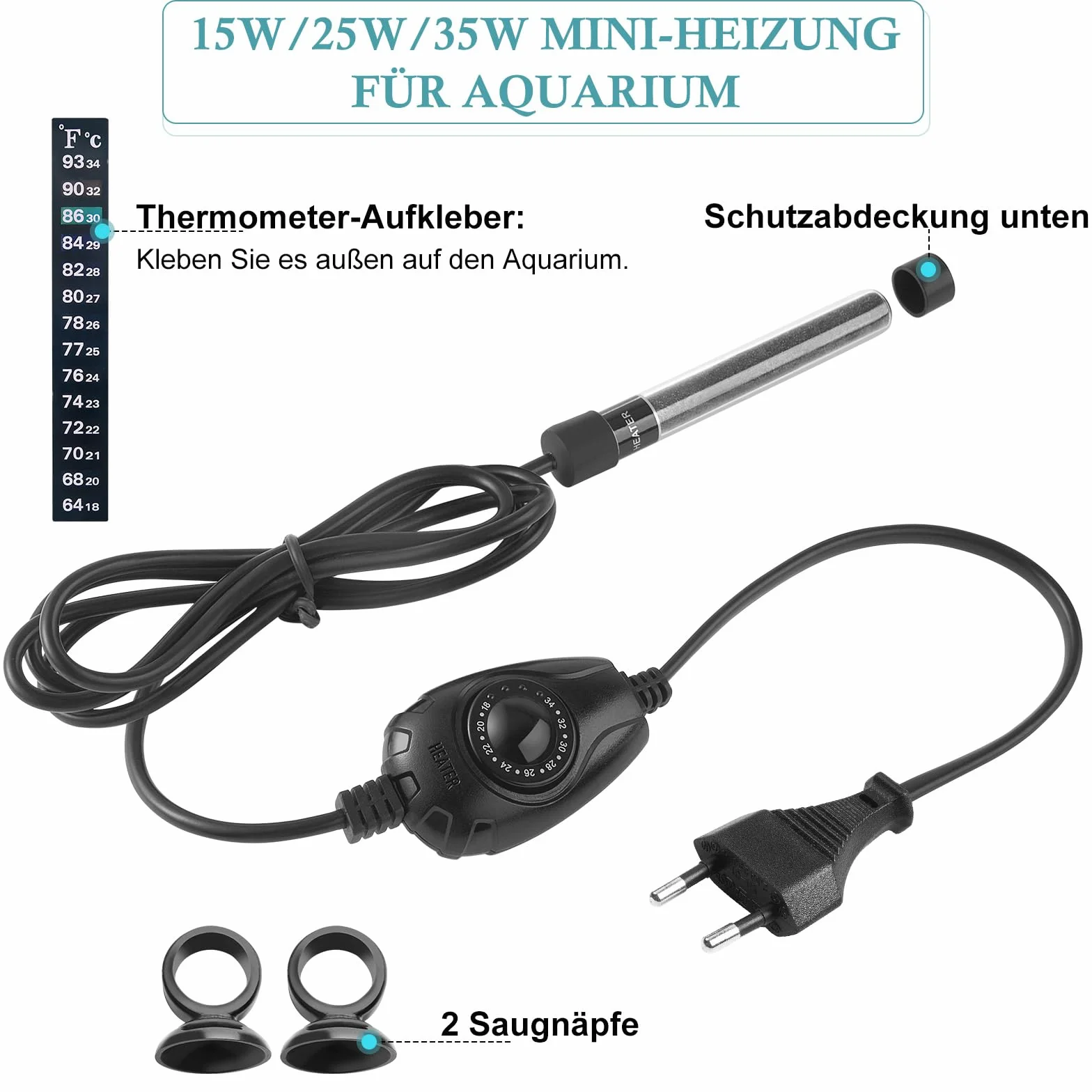 FEDOUR Mini grzałka do akwarium 15W/25W/35W Zanurzalna 1-30L z zewnętrznym regulatorem temperatury