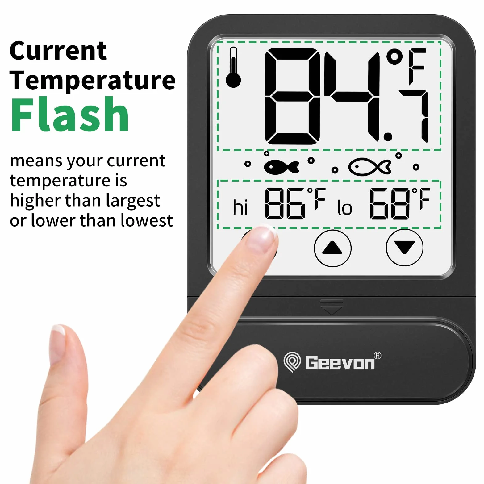 Geevon Cyfrowy termometr do akwarium z alarmem temperatury, duży ekran LCD, przyklejany miernik