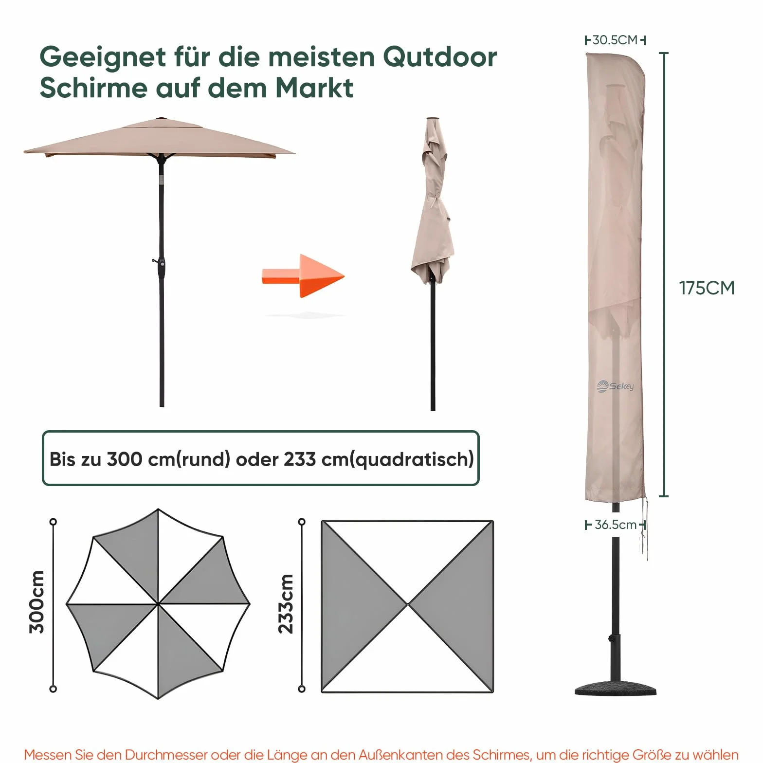 Sekey 30030086 Pokrowiec Ochronny na Parasol Przeciwsłoneczny, 100% Poliester, Kolor Taupe, o Średnicy 300 cm