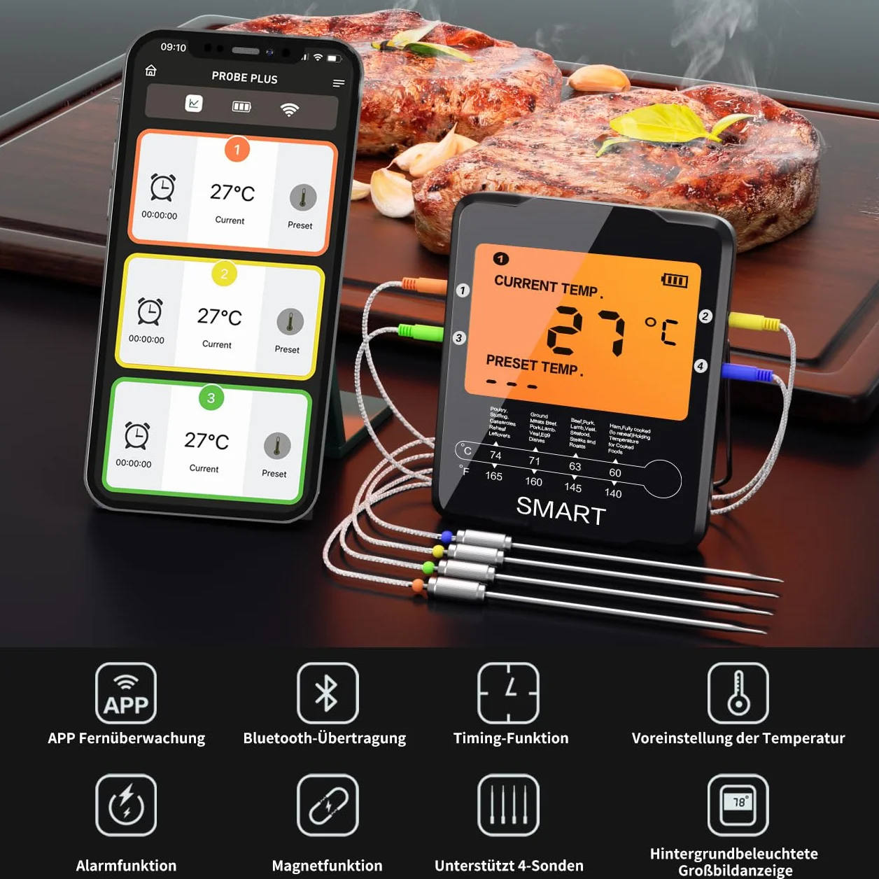 Uzone Termometr do mięsa, cyfrowy termometr Bluetooth, bezprzewodowy termometr z aplikacją 100 m, zdalny monitoring, termometr do piekarnika, smażenia, BBQ, podświetlenie ekranu LCD, 4 sondy