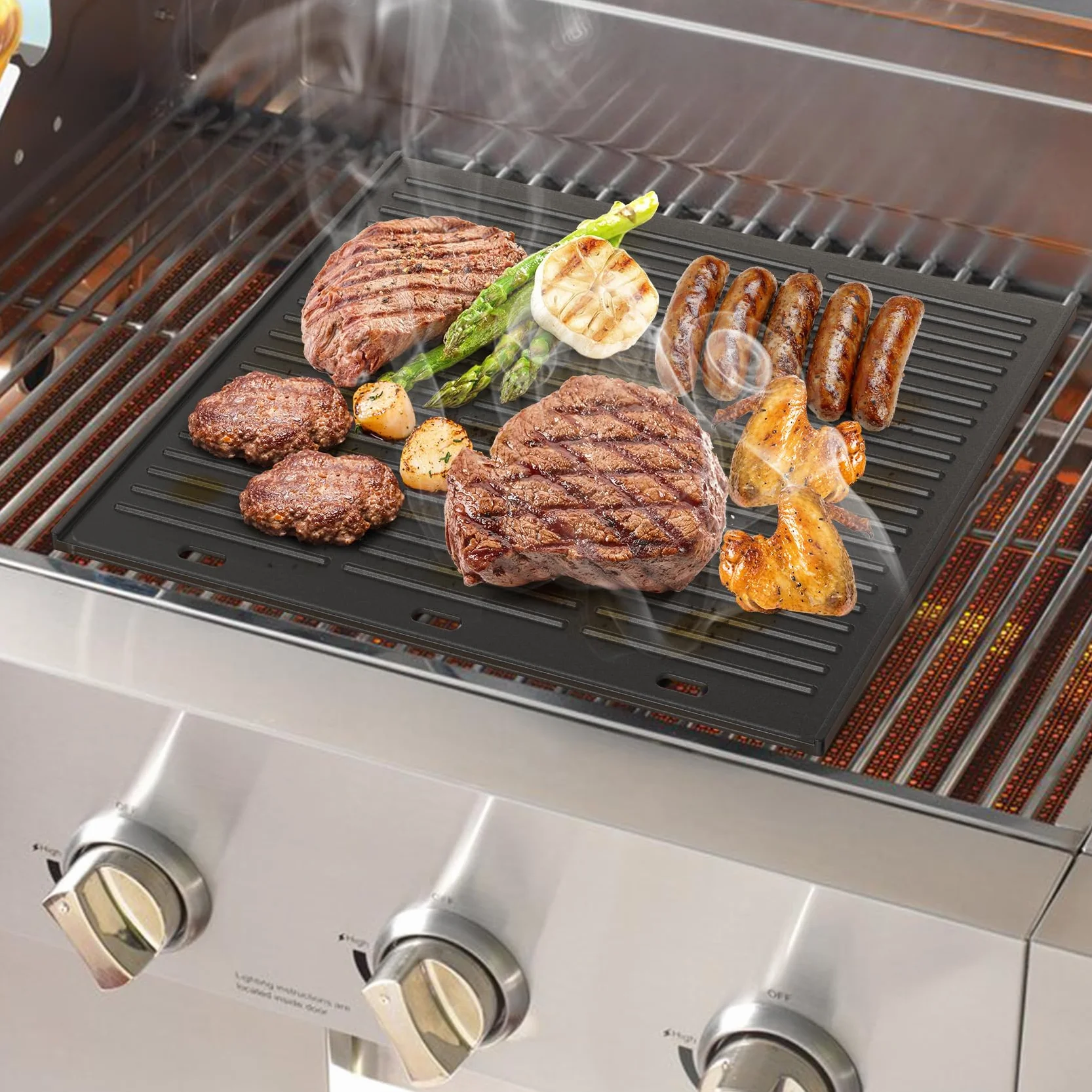 Onlyfire żeliwna płyta grillowa 48,5 x 40 cm, prostokąt, uniwersalna, dwustronna płyta BBQ, płyty grillowe do grilla gazowego, węglowego i elektrycznego, emaliowany żeliwny ruszt do grillowania