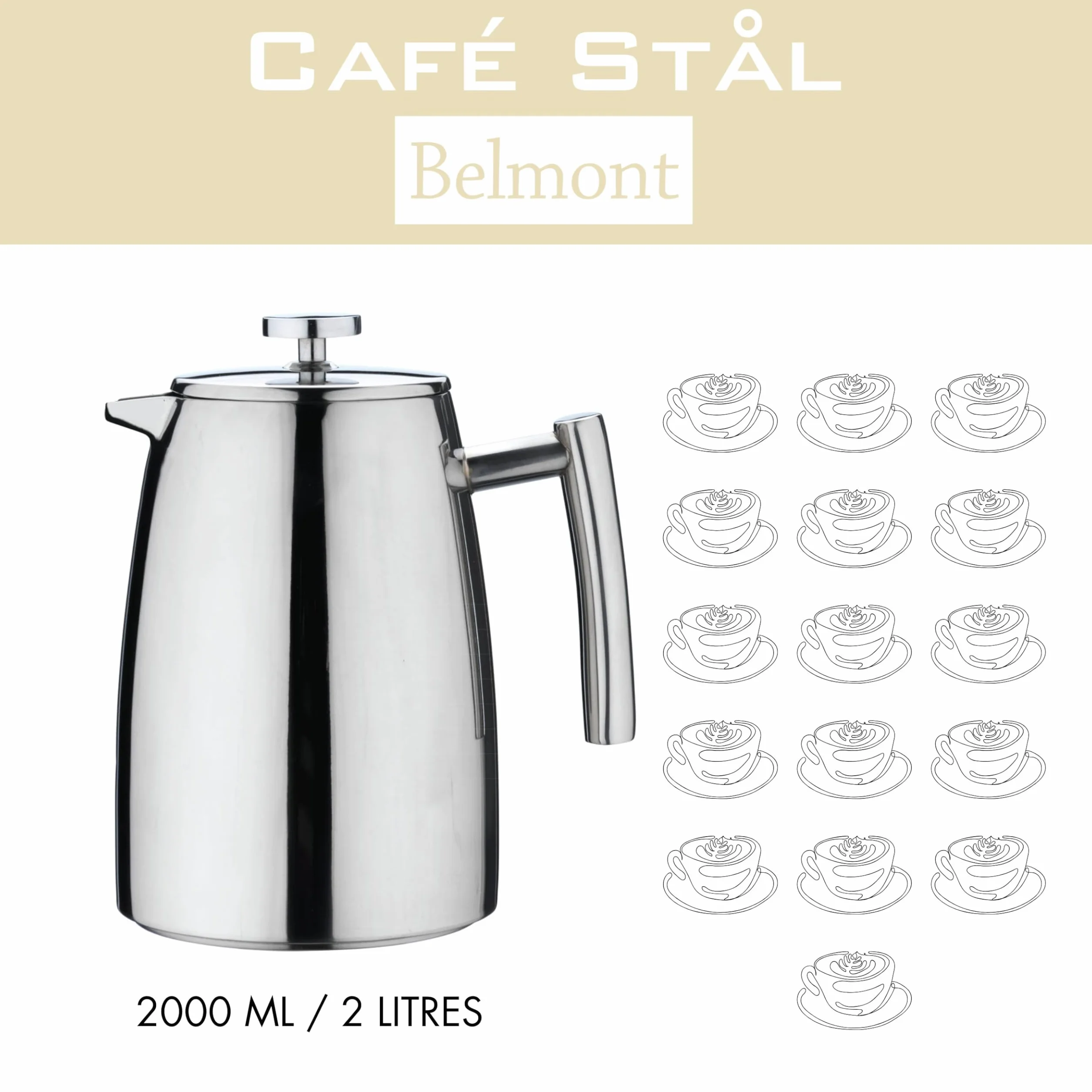 HFD-16 Belmont 16 filiżanek podwójne ścianki ekspres do kawy Cafetiere, wykończenie lustrzane, 2 litry