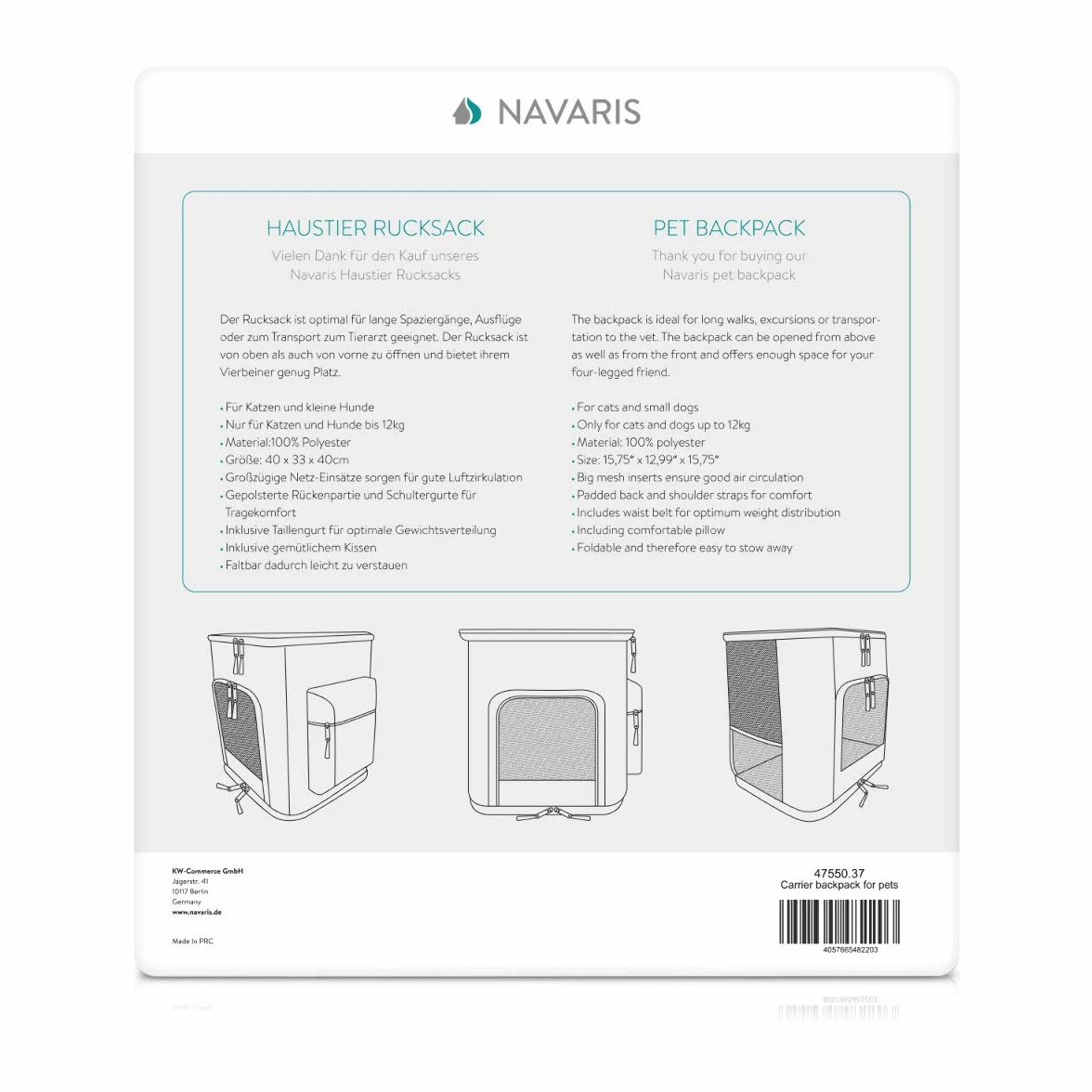 Navaris Wyściełany plecak dla psa i kota – plecak dla psów z paskiem na brzuch – 41 x 34,5 x 43 cm, składany plecak dla zwierząt domowych, nośność do 12 kg