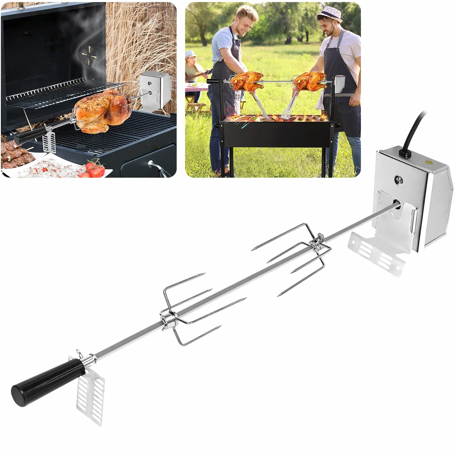 UISEBRT Zestaw szpikulców do grilla, 107 cm, stal nierdzewna, z silnikiem, 220 V - 240 V, z 2 igłami do mięsa
