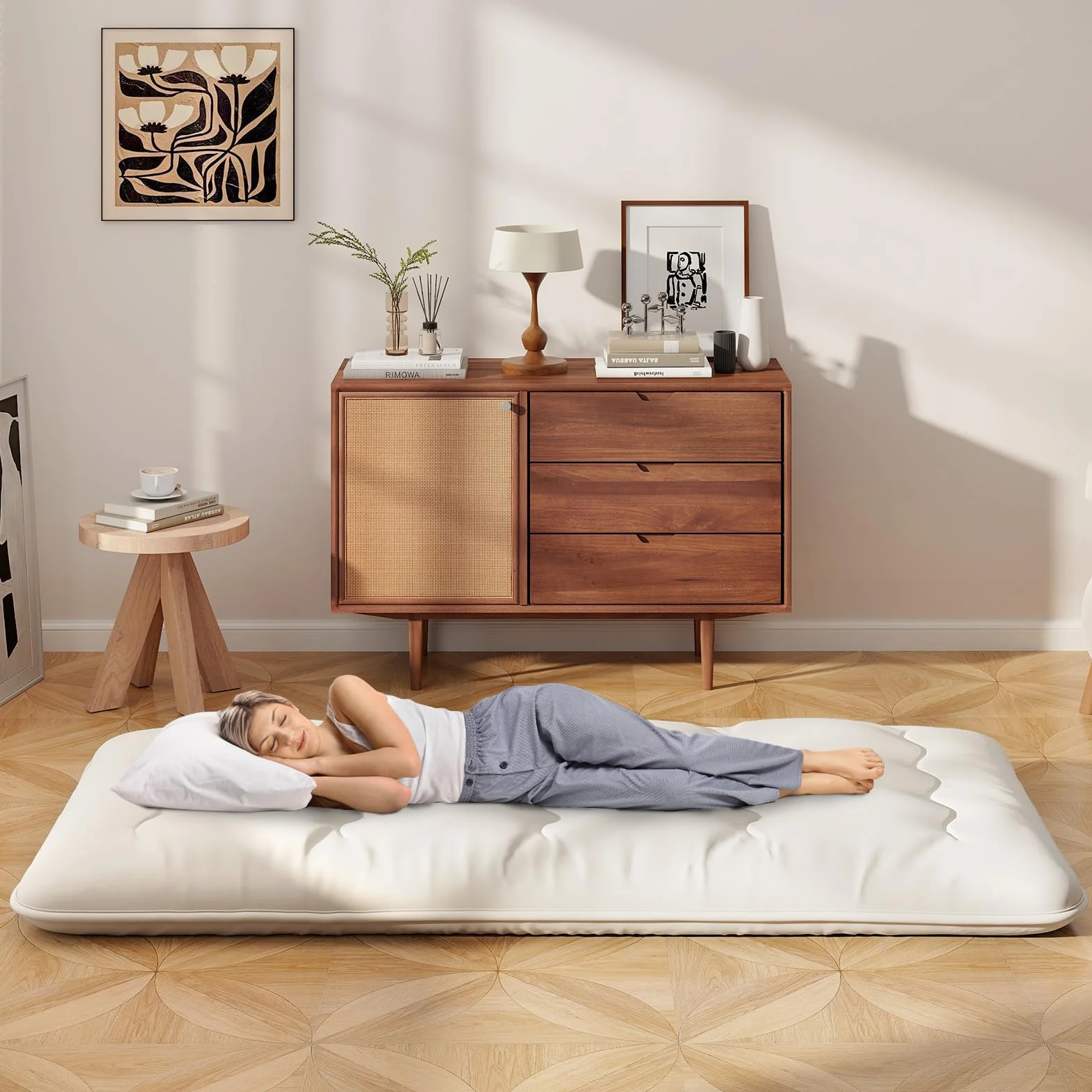 COSTWAY Japoński materac futon, mata tatami, materac podłogowy, składany materac z poszewką nadającą się do prania, składana mata do spania z torbą do noszenia, beżowy, 90 x 200 cm