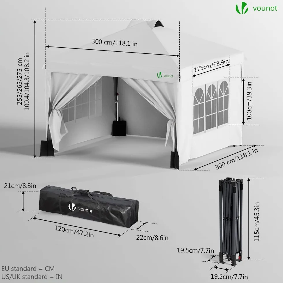 VOUNOT Altanka ogrodowa 3 x 3 m Pop up, składany namiot ze ściankami, wodoodporny, odporny na promieniowanie UV, oddychający, regulowana wysokość z torbą do przenoszenia, łatwy montaż, biały