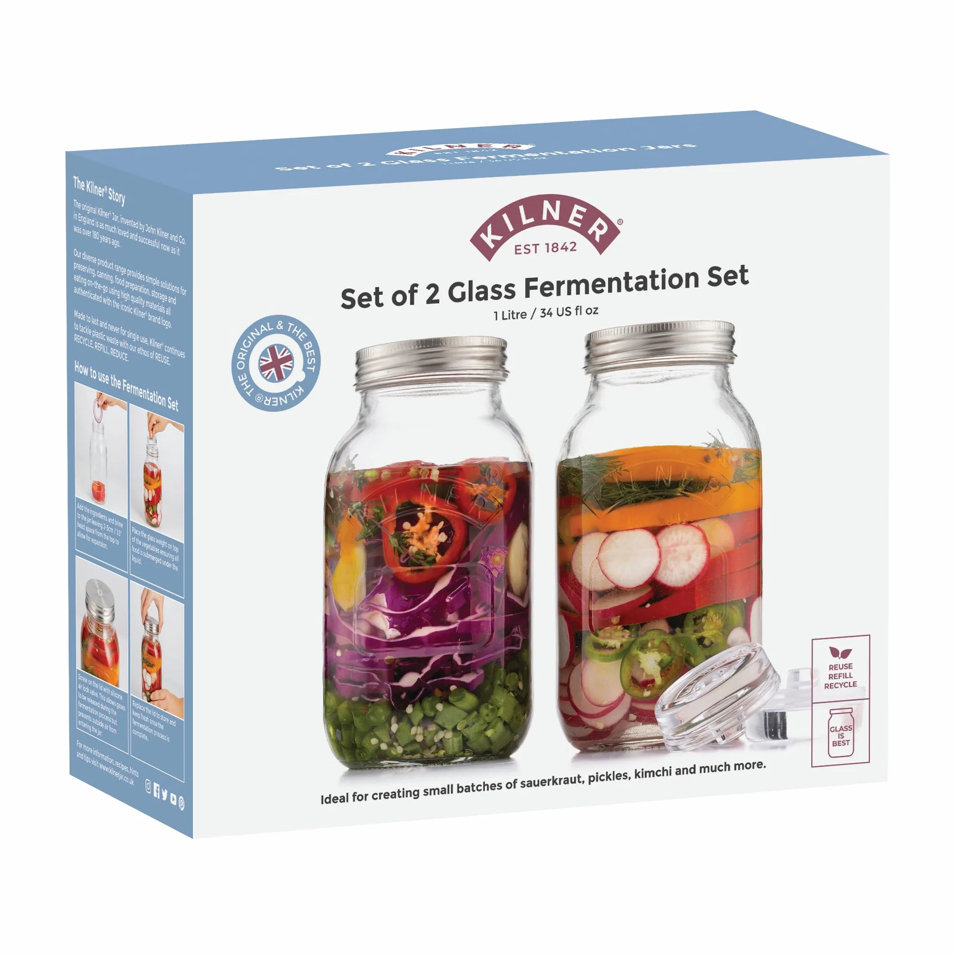 KILNER Zestaw do fermentacji / 2 x słoik o pojemności 1 l z pokrywką fermentacyjną/łatwe przechowywanie warzyw/zestaw startowy do fermentacji/konserwowanie warzyw, takich jak kiszona kapusta i