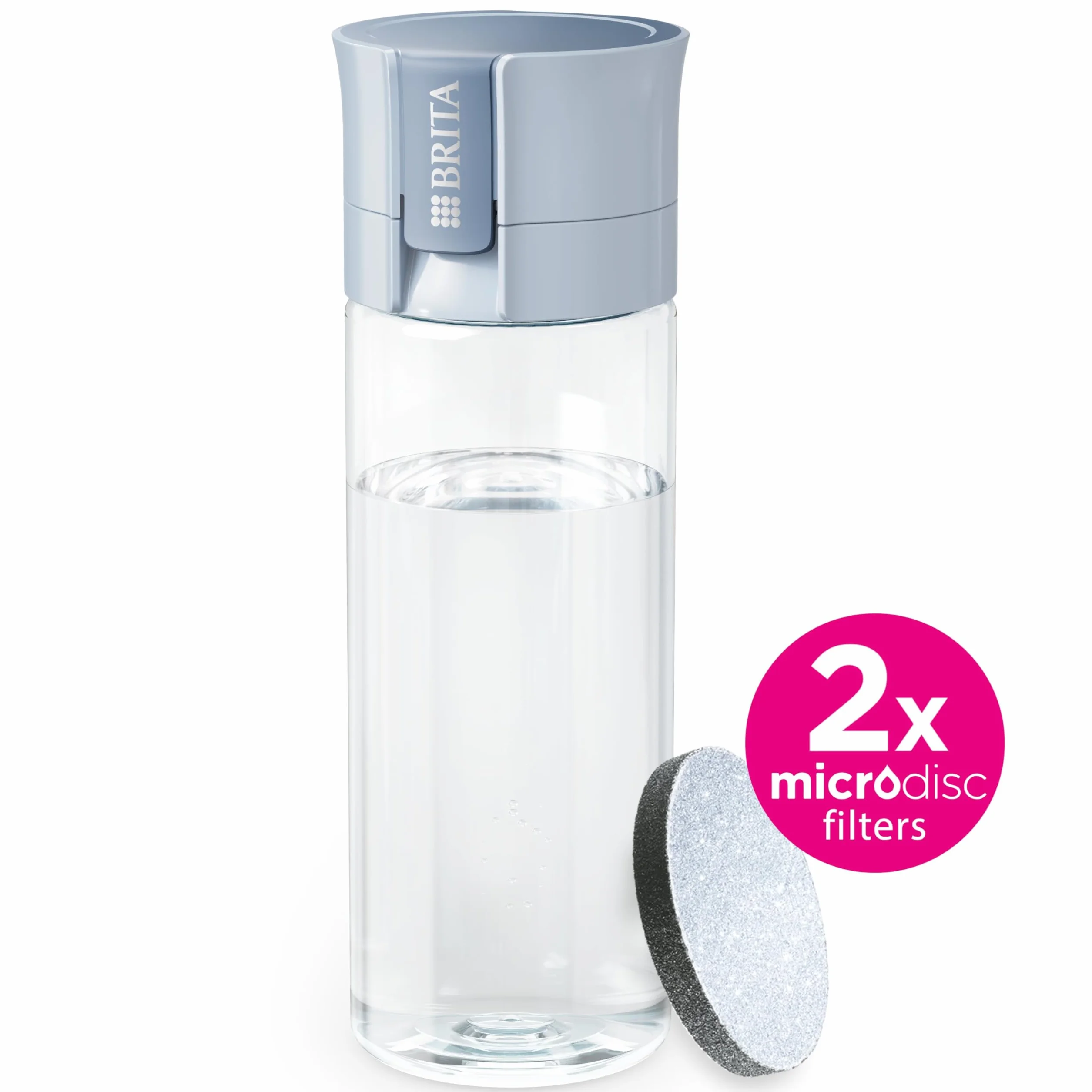 BRITA Butelka z filtrem do wody Model Vital jasnoniebieska (600 ml) wraz z 2 filtrami MicroDisc – praktyczna butelka na napoje z filtrem do wody w podróży, filtruje chlor i bakterie podczas