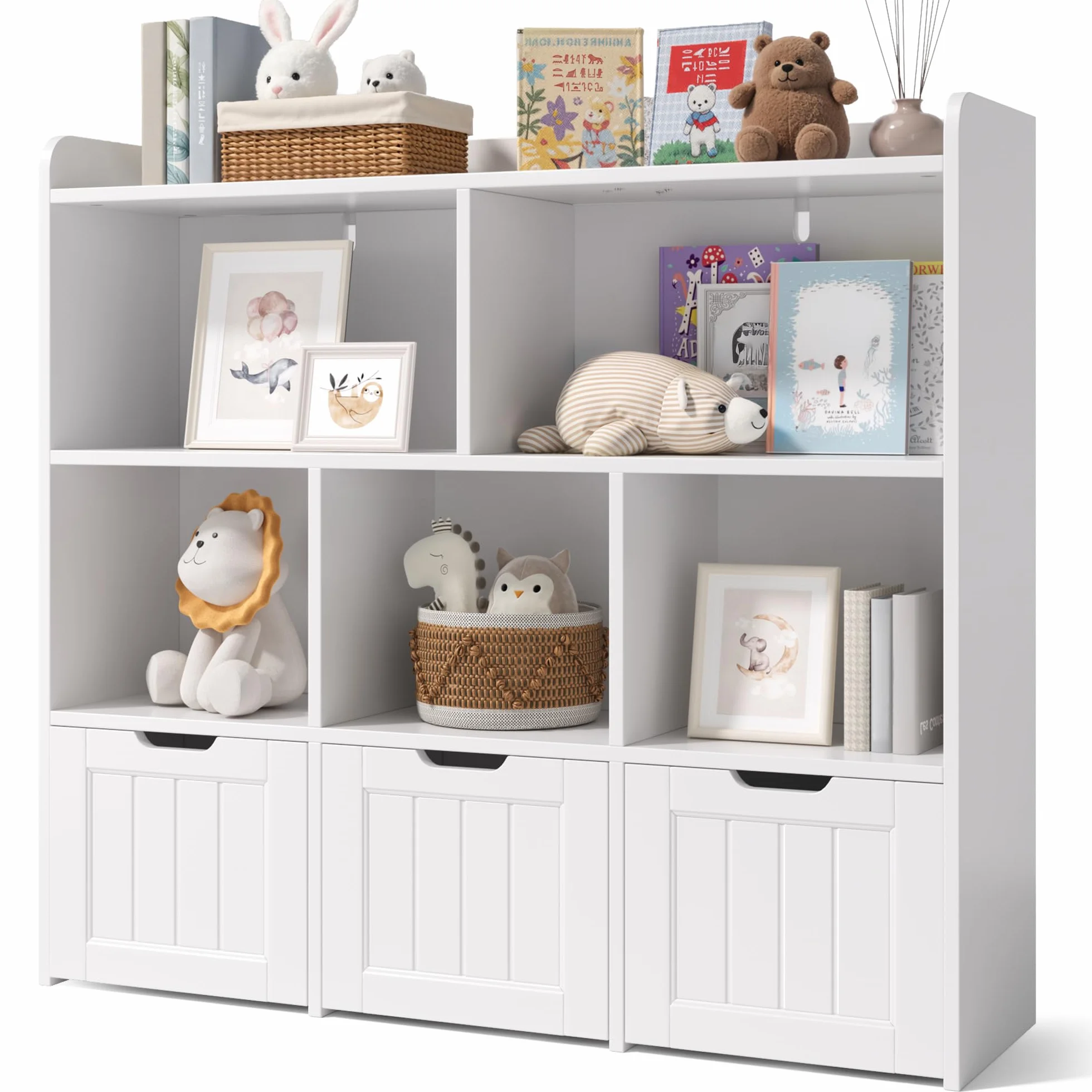 Xbro Półka na Przedmioty dla Dzieci z 3 Szufladami na Kółkach i 5 Półkami Otwartymi, Regał na Książki i Zabawki, MDF, 100x30x91 cm, Biały