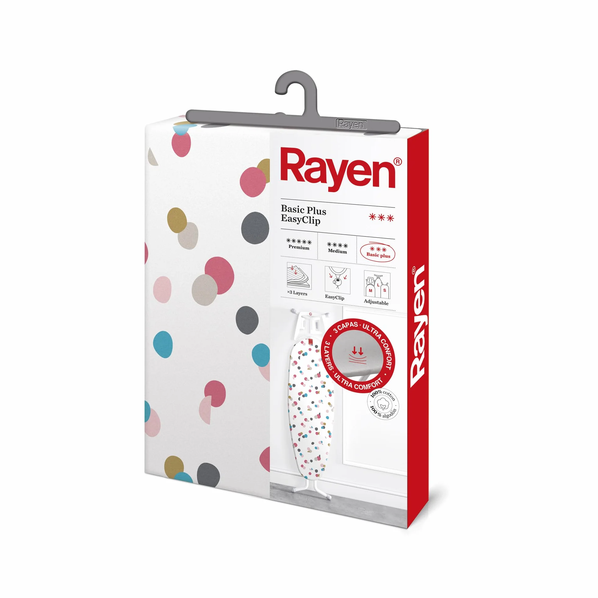 Rayen | Uniwersalny pokrowiec na deskę do prasowania (łatwy do dopasowania wyściełany pokrowiec na deskę do prasowania z systemem EasyClip) | 3 warstwy: podwójna warstwa pianki i 100% bawełna wzorzysta | seria Basic Plus |