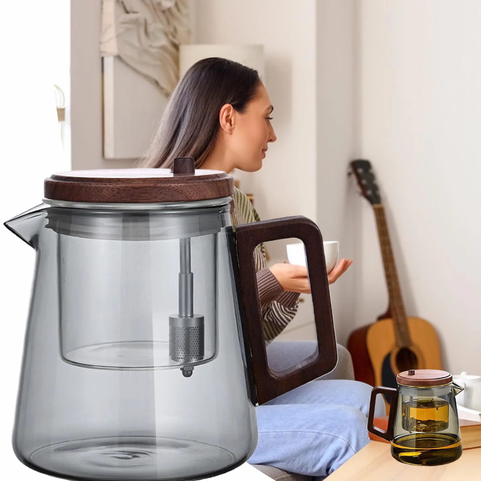 Szklany dzbanek do herbaty z filtrem, przezroczysty dzbanek do herbaty, drewniany uchwyt, szklany dzbanek do herbaty z sitkiem, ergonomiczny, wygodny, odporny wysokie temperatury, do salonu