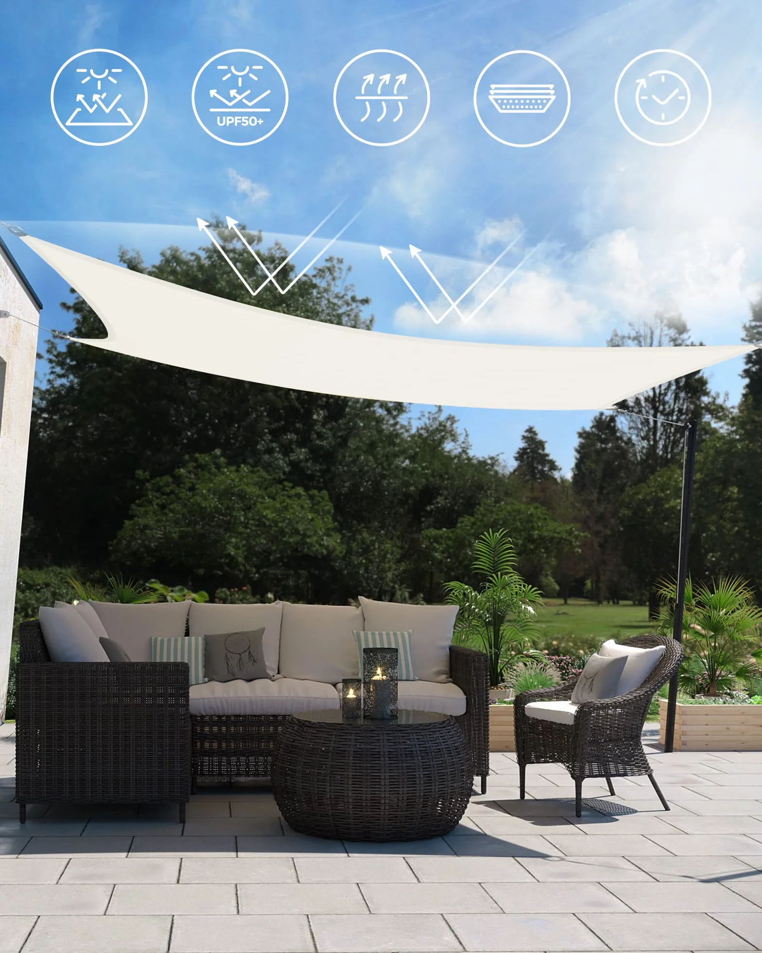SONGMICS Markiza 3 x 5 m, wodoodporna o słupie wody 665 mm, osłona przeciwsłoneczna z odpornego na rozdarcia poliestru, ochrona UV 93%, taras, ogród, balkon, prostokątna, liny 2 m, biała GSH35IVV1