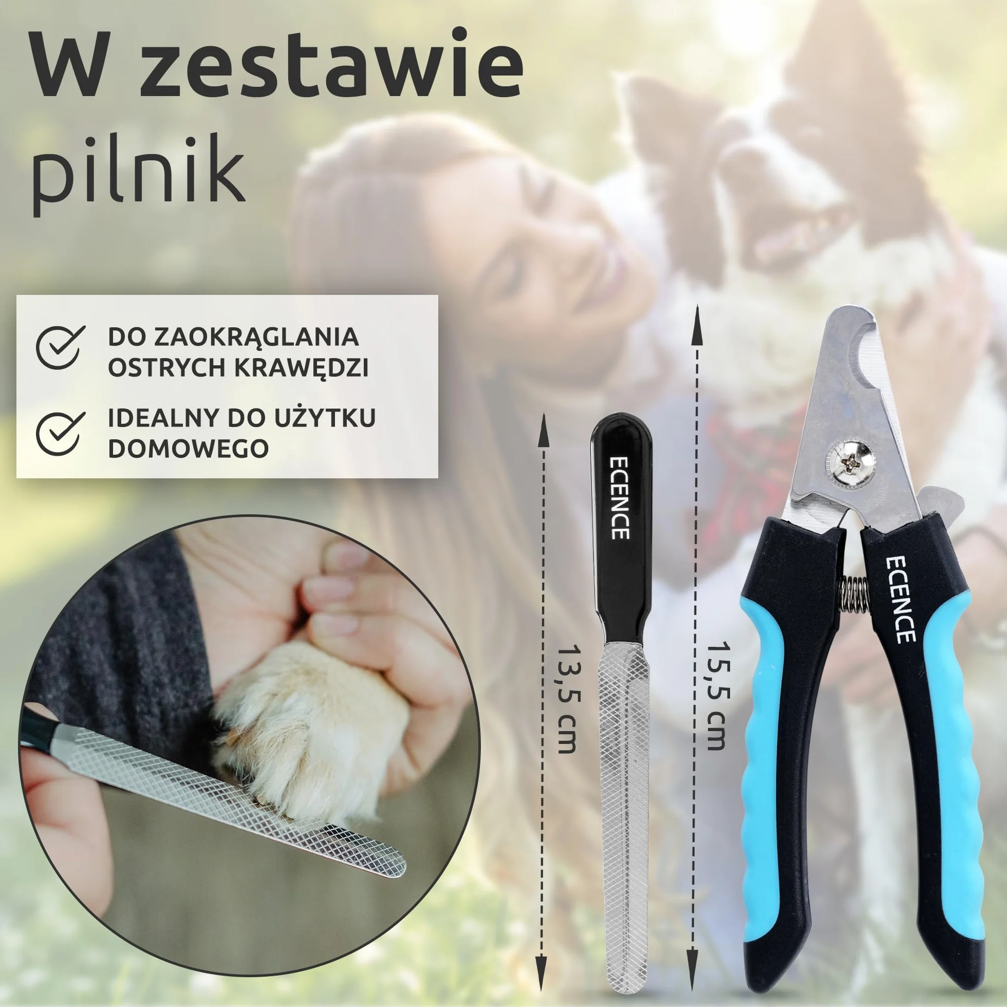 ECENCE Nożyczki do pazurów dla psa i kota - cążki do pazurów - profesjonalna jakość - Pilnik do paznokci - Pielęgnacja pazurów - Obcinacz do pazurów dla psów średniej wielkości
