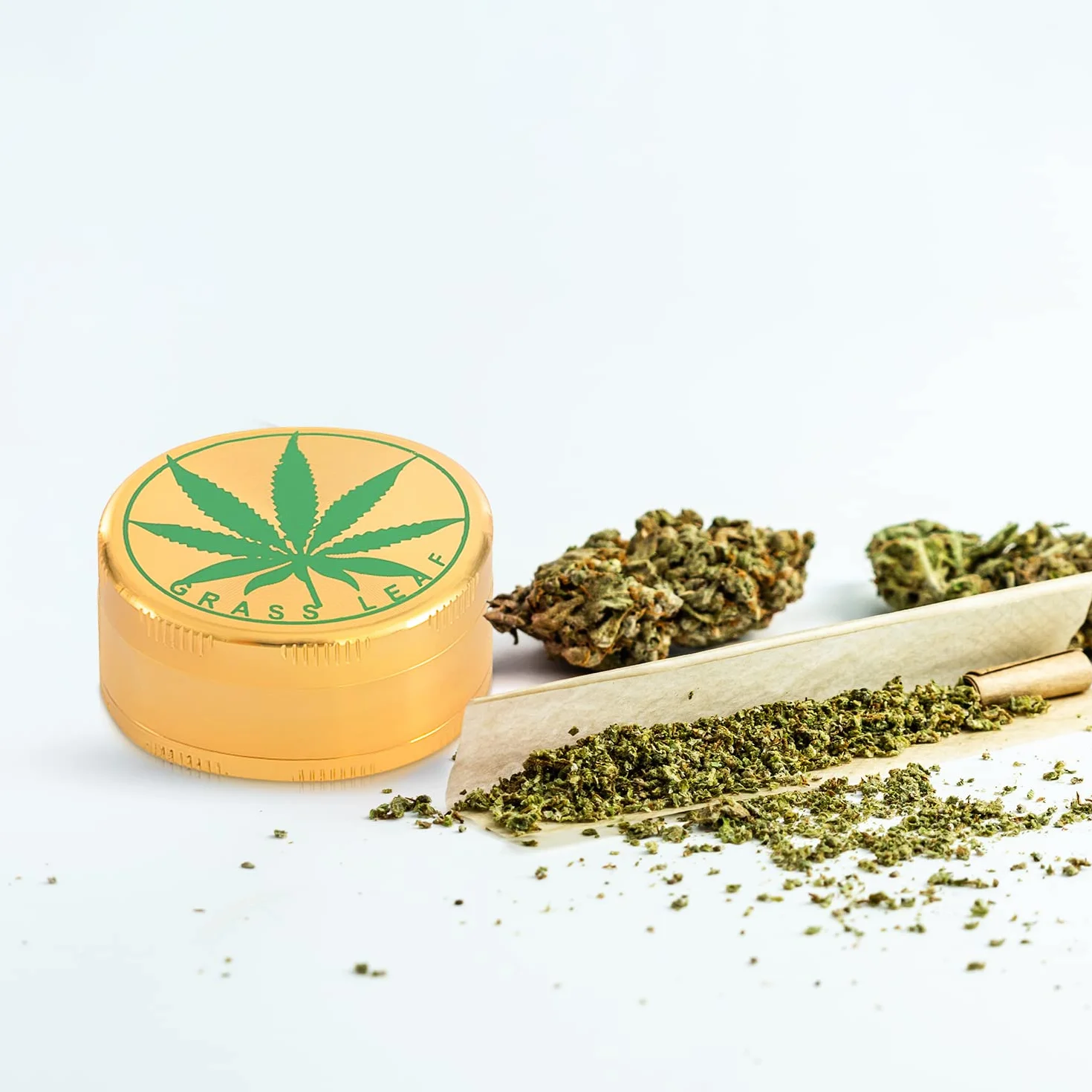 Młynek Premium 3-częściowy ze skrobakiem do pyłków | Materiał: stal nierdzewna | Młynek do ziół do przypraw i innych roślin (młynek złoty z liśćmi warzyw)