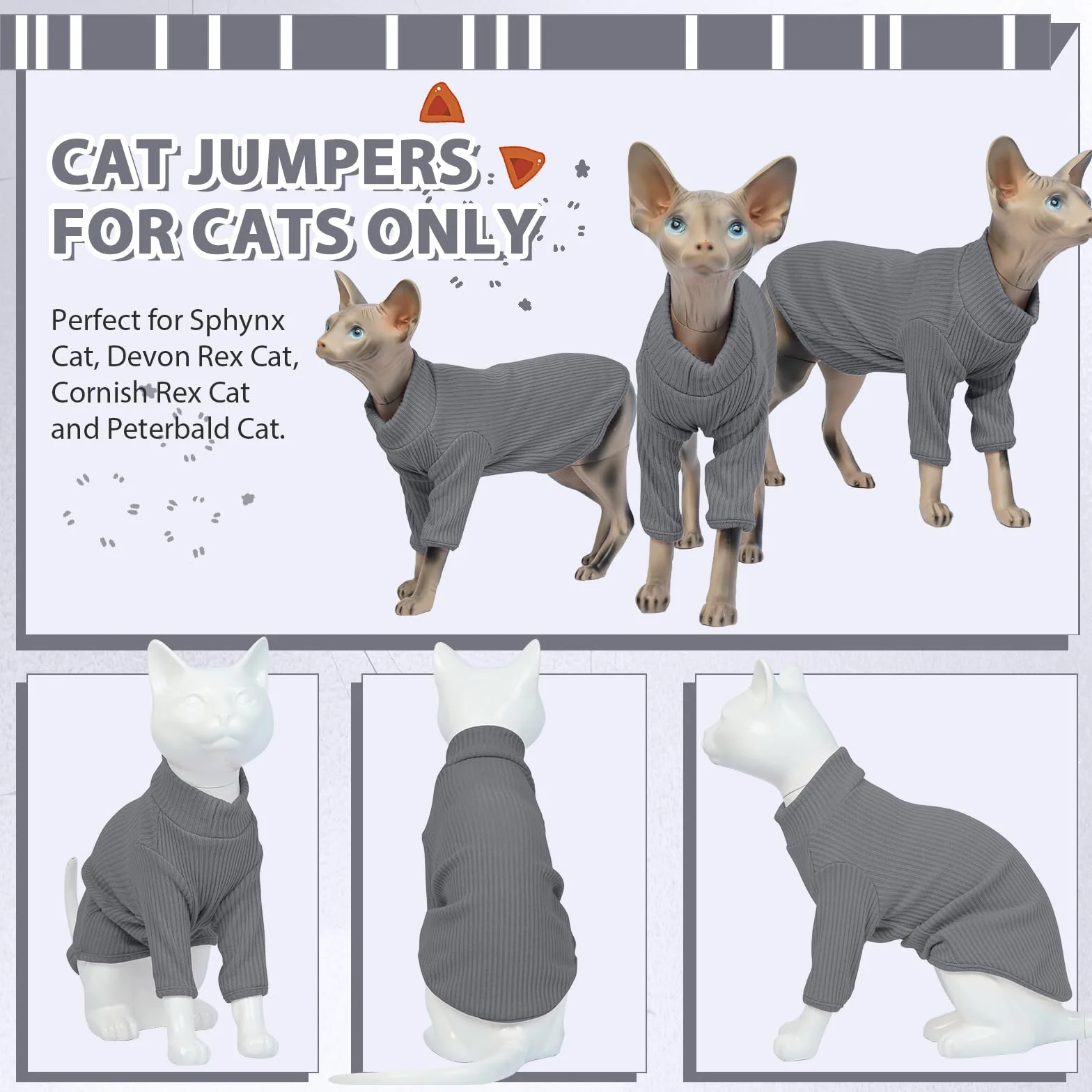 Gołębiarka bez sierści dla kotów Rollkragenpullover, oddychająca, urocza odzież dla kotów, swetrzyk Kątowniki z rękawami, piżama dla kotów Jumpsuit dla Sphynx, Cornish Rex, Devon Rex, Peterbalg