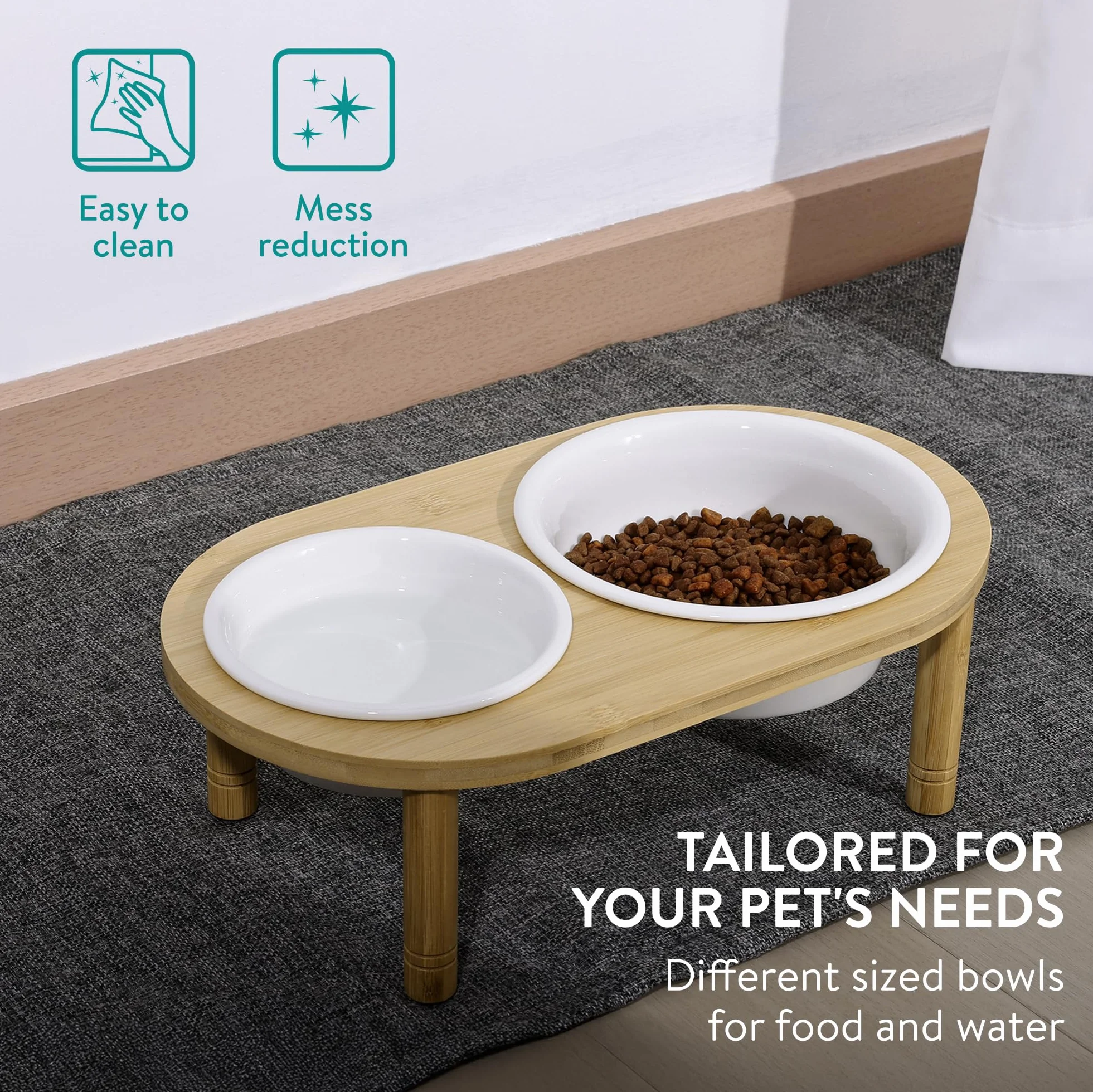 Navaris Podwyższona ceramiczna miska dla psa i kota – 350 i 650 ml – miska dla psa w stojaku bambusowym – do wody i karmy – mikrofalówka i zmywarka
