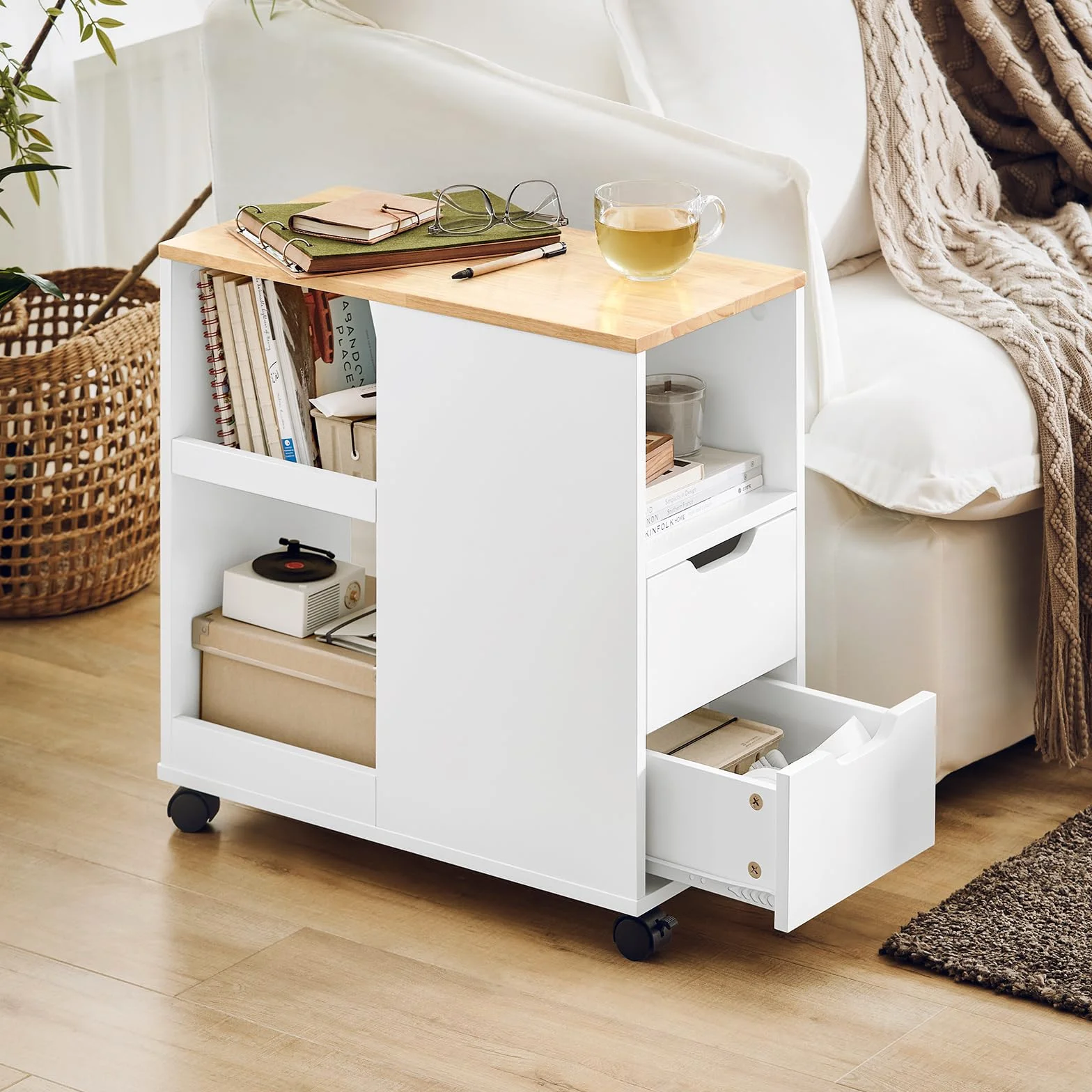 SoBuy Stojak na drukarkę z kółkami – Mobilny stół pod drukarkę i szafka biurowa do biura i Home Office, z szufladami i półkami, B60 x D30 x H60 cm, FBT130-WN