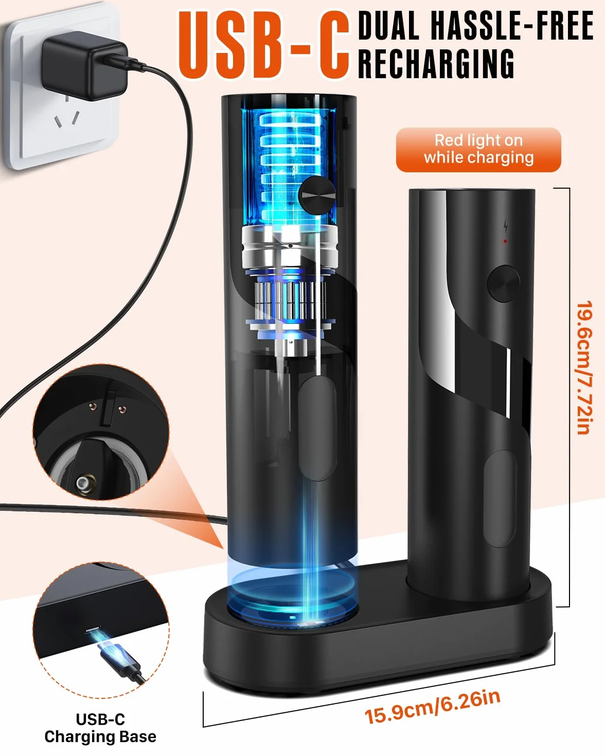 Homtronic Elektryczny młynek do pieprzu, 4 poziomy regulacji grubości,LED Light, Automatyczne mielenie, do kuchni BBQ