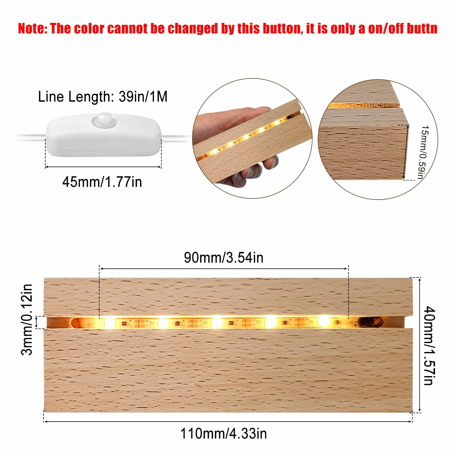 CDIYTOOL Podstawa wyświetlacza LED, drewniana podświetlana prostokątna podstawa świetlna USB LED, podstawa ekspozycyjna, dekoracyjna ozdoba do samodzielnego wykonania płyty akrylowej, ciepła biel (4)