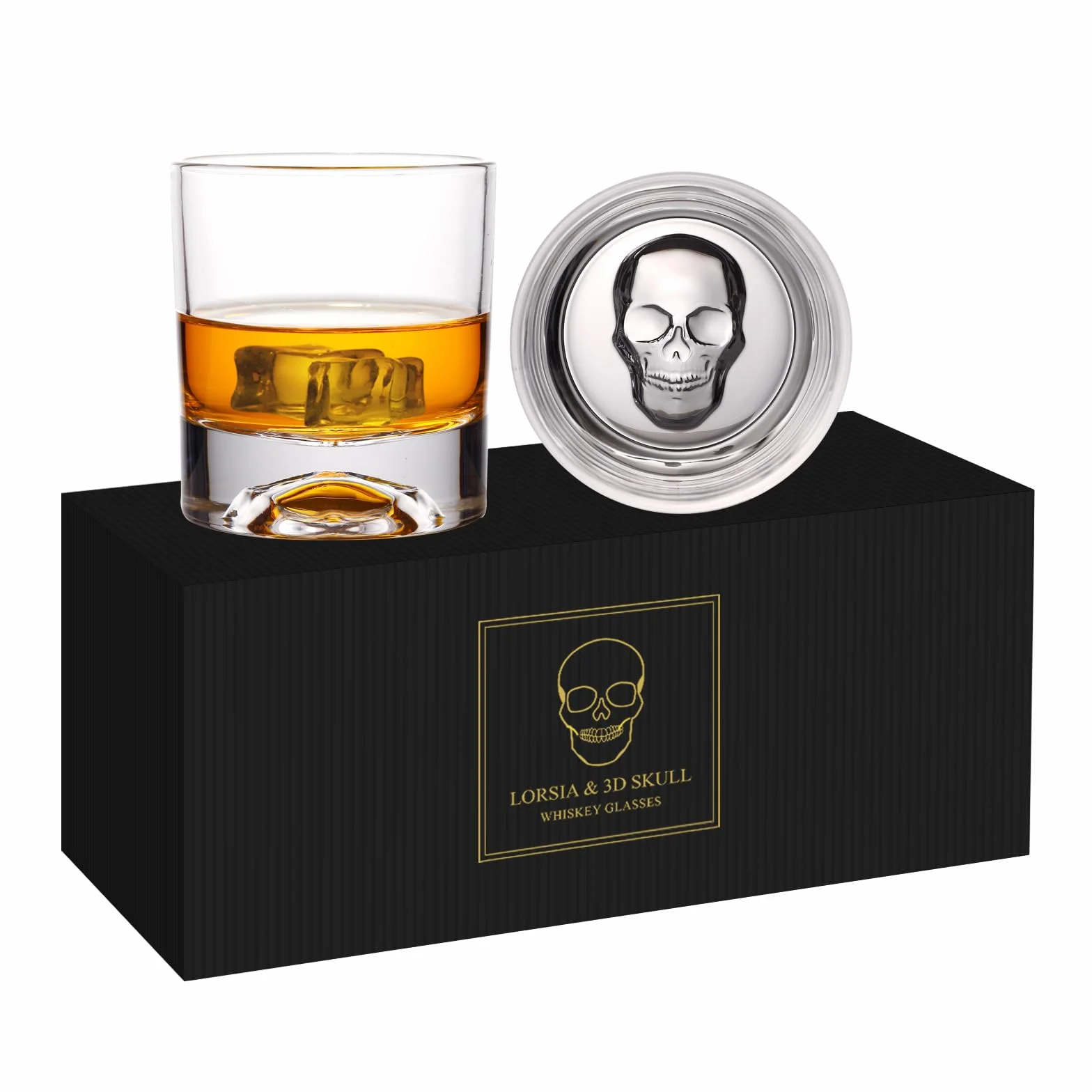 Zestaw 2 szklanek do whisky w kształcie czaszki, 300 ml, w pudełku prezentowym – idealne do whisky, rumu, koniaku, wódki. Prezent na Halloween, Boże Narodzenie, Święto Dziękczynienia dla mężczyzn.