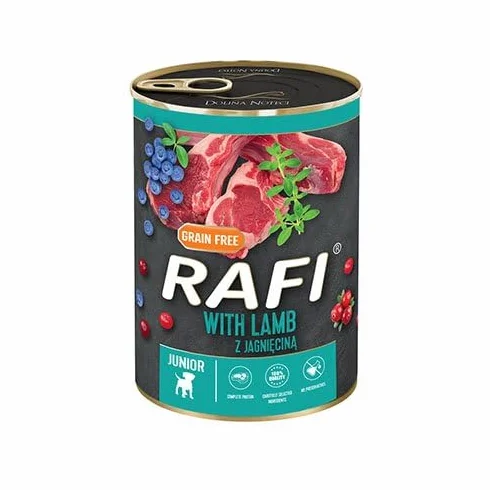 Rafi Junior Mix mokra karma dla psów bez zbóż, z jagnięciną, cielęciną, jagodami i żurawiną, w puszce dla szczeniąt 24 x 400 g