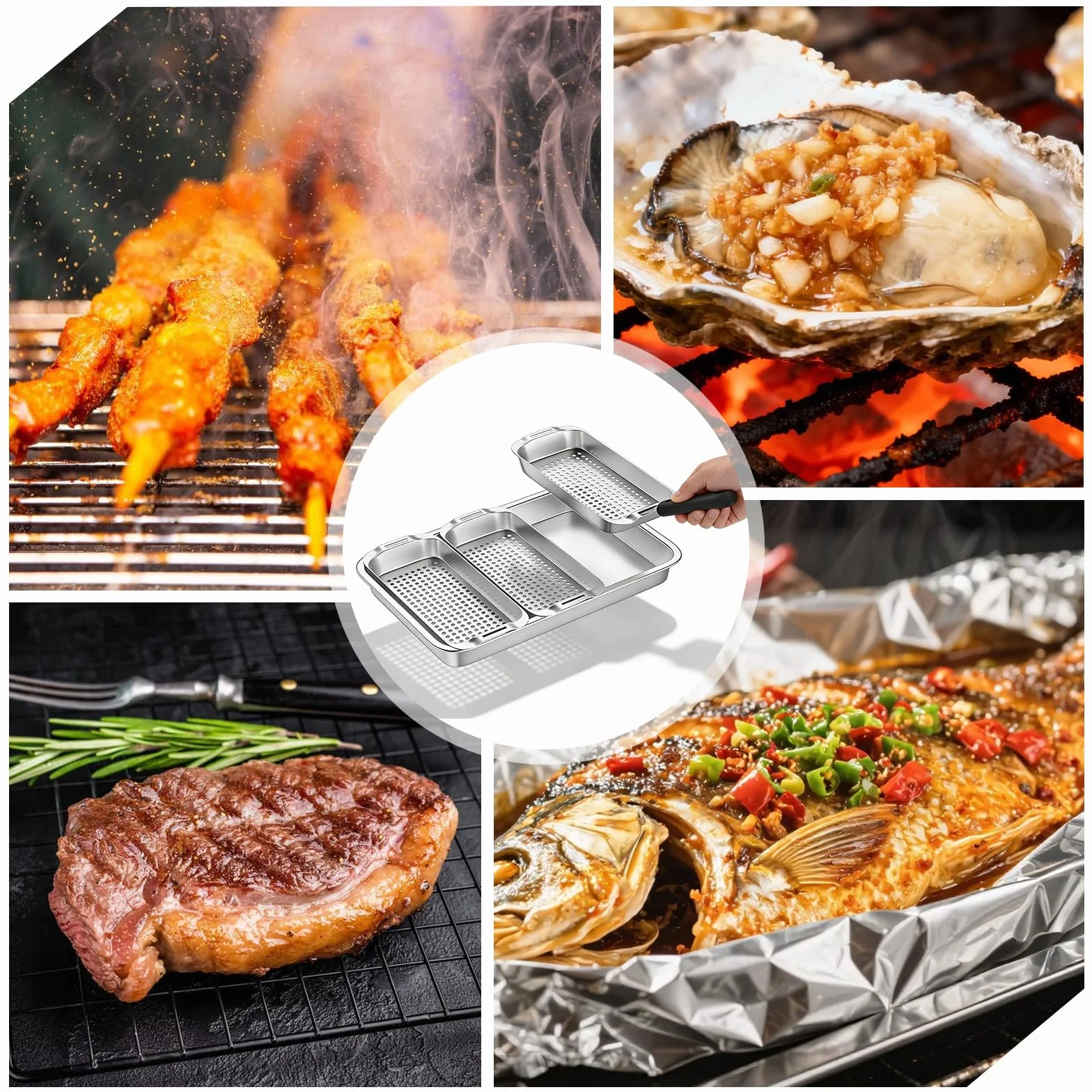Zestaw 5 koszyków do grillowania, taca grillowa ze stali nierdzewnej, stalowe tacki do BBQ, małe patelnie grillowe do grilla gazowego z ściągaczem mgły olejowej, akcesoria do grilla BBQ z otworami na