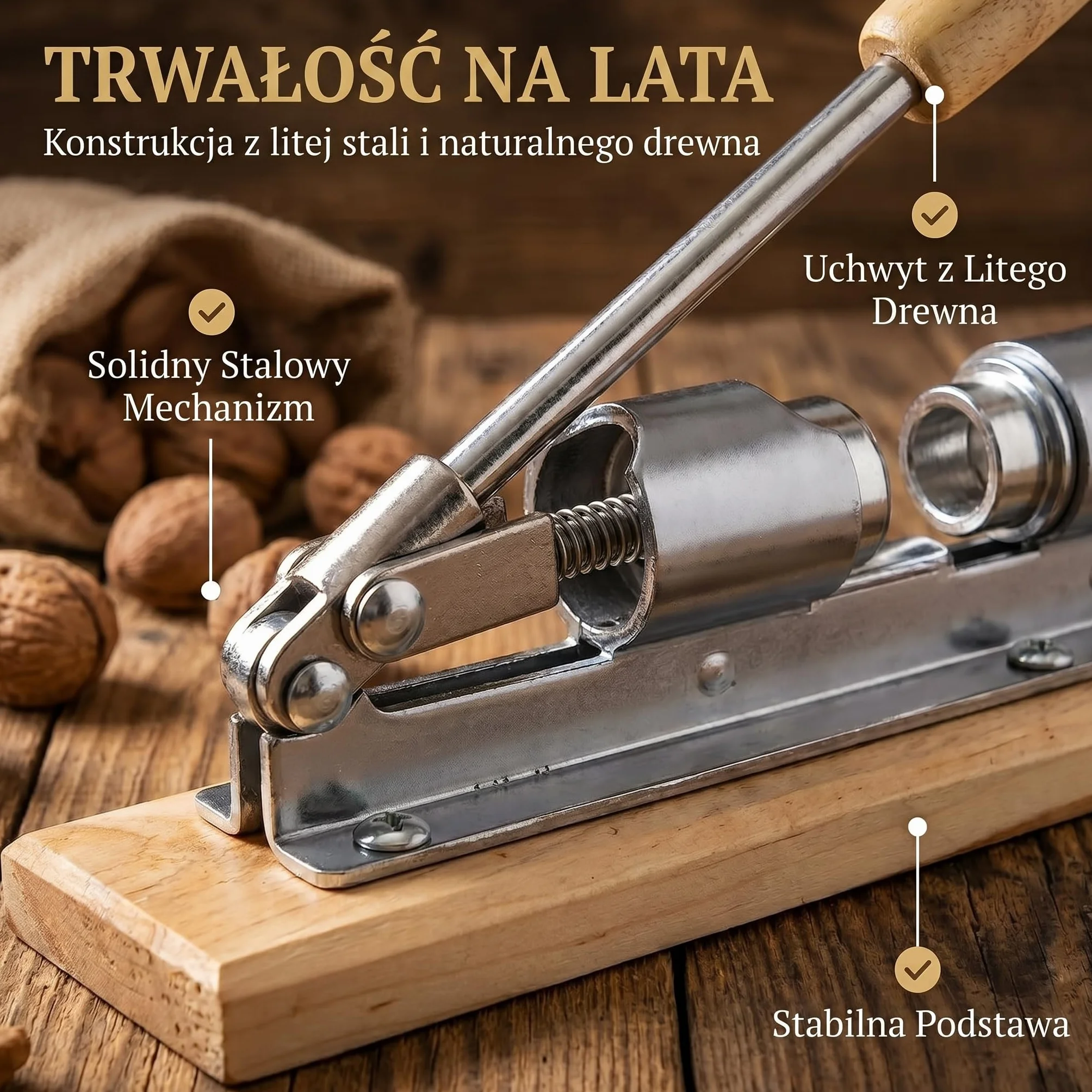 Dziadek do orzechów Retro ze stali nierdzewnej z dźwignią, regulacją wielkości