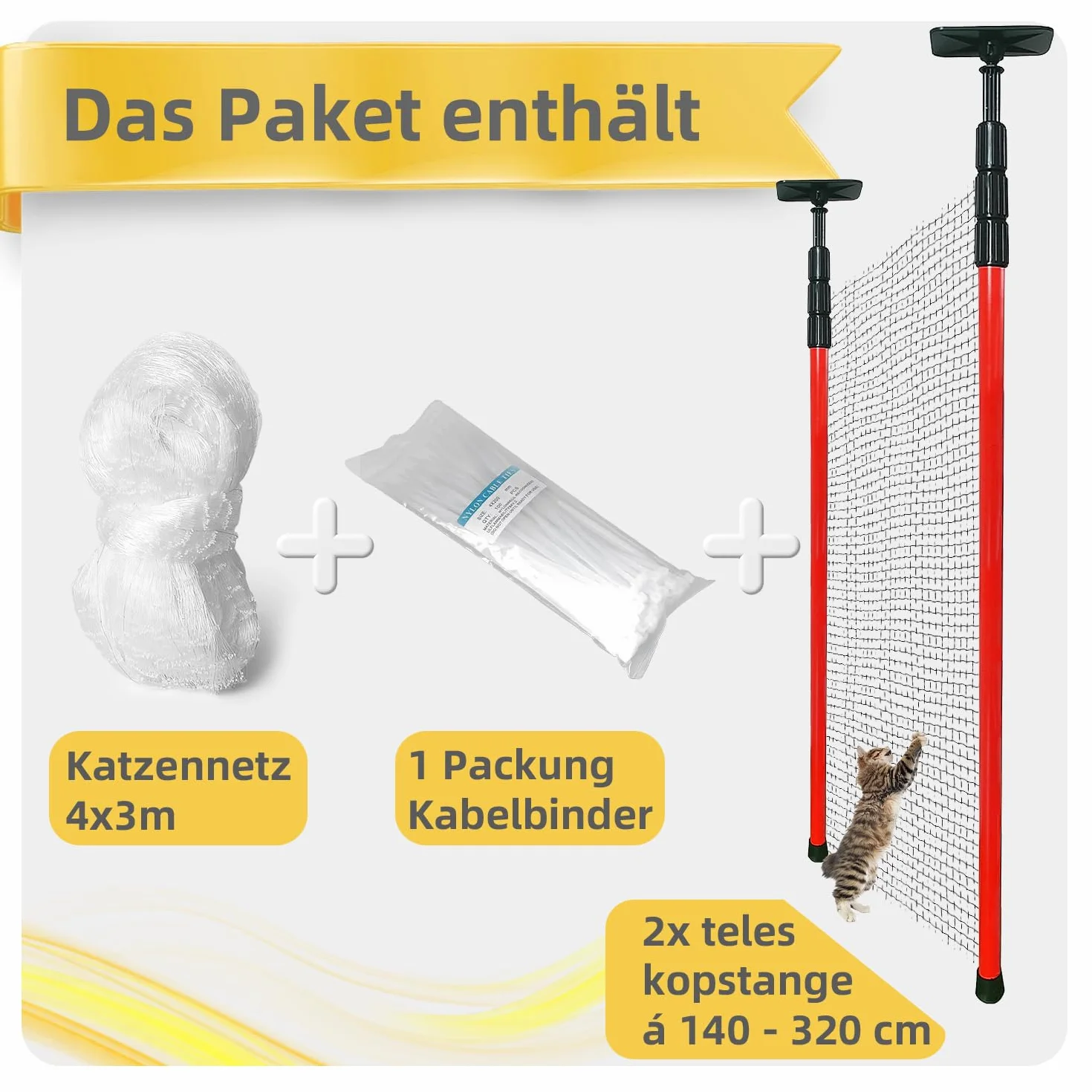 OAK Drążek teleskopowy dla kota 300 cm, siatka dla kota na balkon z drążkami, drążek teleskopowy, siatka dla kota na balkon, bez wiercenia, drążek zaciskowy