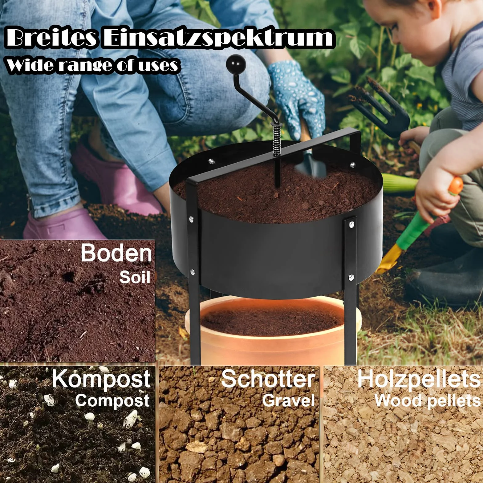 Sito z korbą ręczną, obrotowe sitko ogrodowe, sito do ziemi, kompostu, chwastów, piasku, żwiru, Ø 40 cm - 1,2 mm patelnia z siatki
