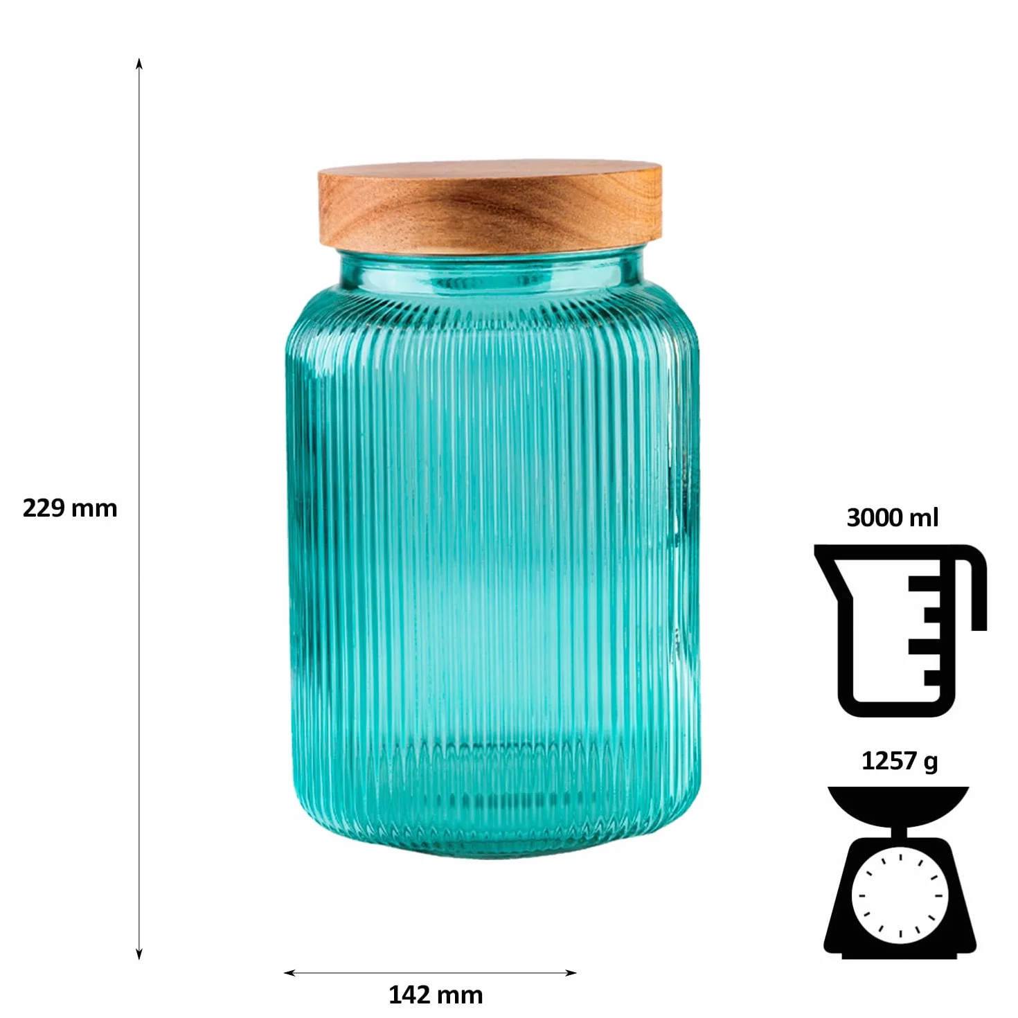 Pojemniki na zapasy ze szkła, zestaw 500 ml, 1000 ml, 2000 ml, 3000 ml, 4 słoiki żebrowane z drewnianymi pokrywkami, dekoracyjne szklane pojemniki na przyprawy, zioła, słodycze, turkusowe
