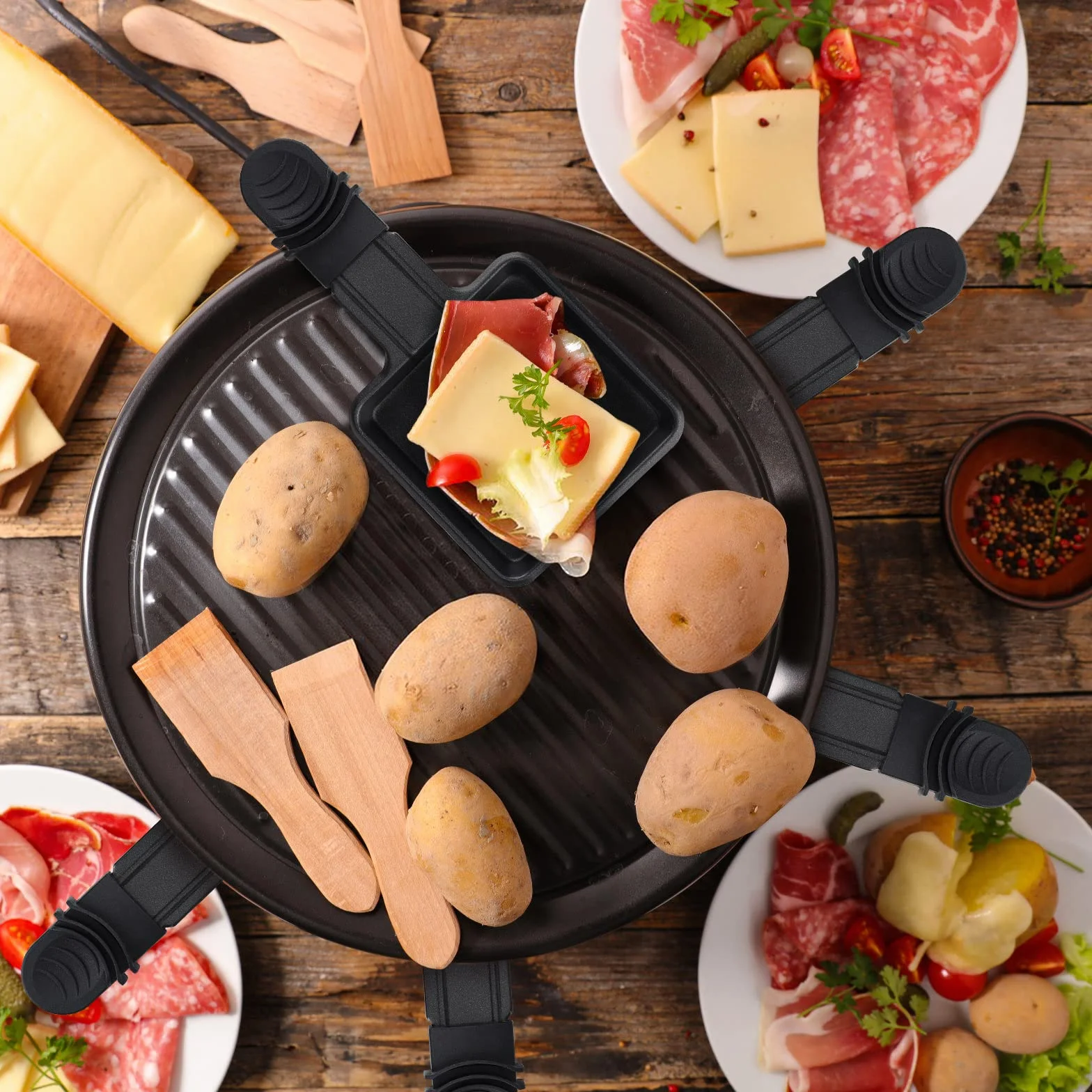 Mini patelnie do skrobania, 4 sztuki, zestaw skrobaczek do patelni, z 4 drewnianą łopatą