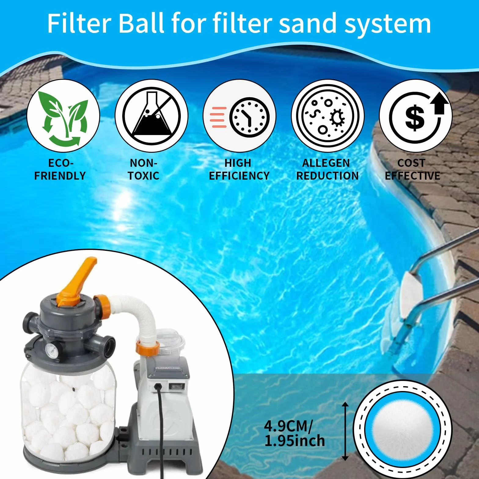 COZCLAM Kulki filtrujące do instalacji filtrów piaskowych, 1400 g, kulki filtrujące, zamiennik 49 kg piasku filtracyjnego i piasku kwarcowego, akcesoria do pompy, filtr basenowy, odpowiednie do