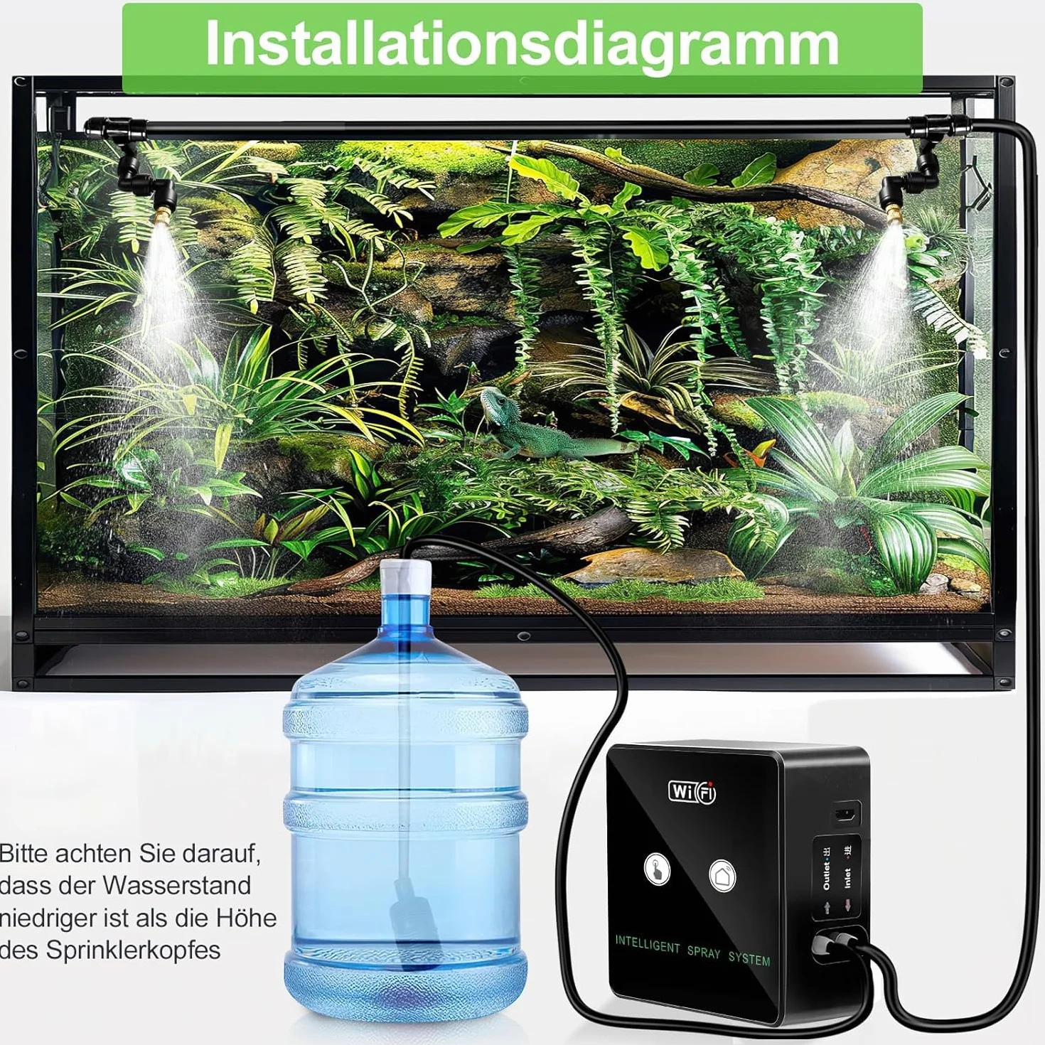 Nawilżacz powietrza terrarium, inteligentny system mgiełki gadów z dyszami natryskowymi o 360°, timer i pilot zdalnego sterowania na telefon komórkowy, automatyczna praca, przezroczysty, mosiądz