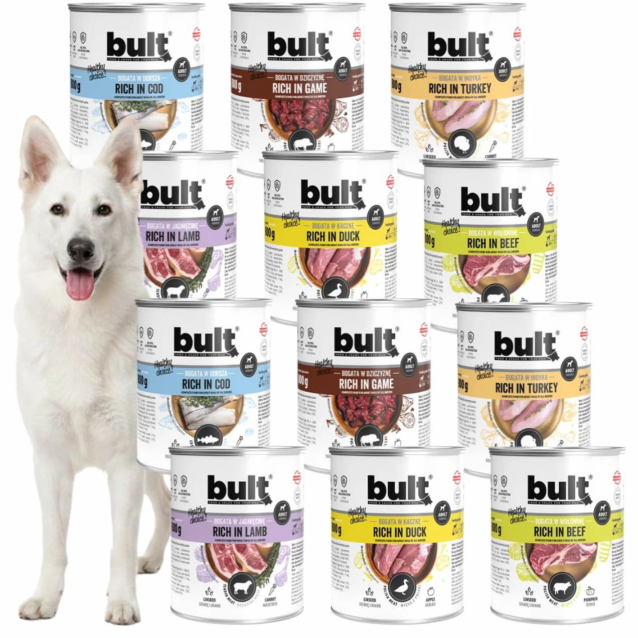 BULT, Mokra Karma dla Psa, Mix Smaków (Dorsz, Dziczyzna, Indyk, Jagnięcina, Kaczka, Wołowina), 800g x 12 Puszek, Dla Dorosłych Psów, Bez Konserwantów